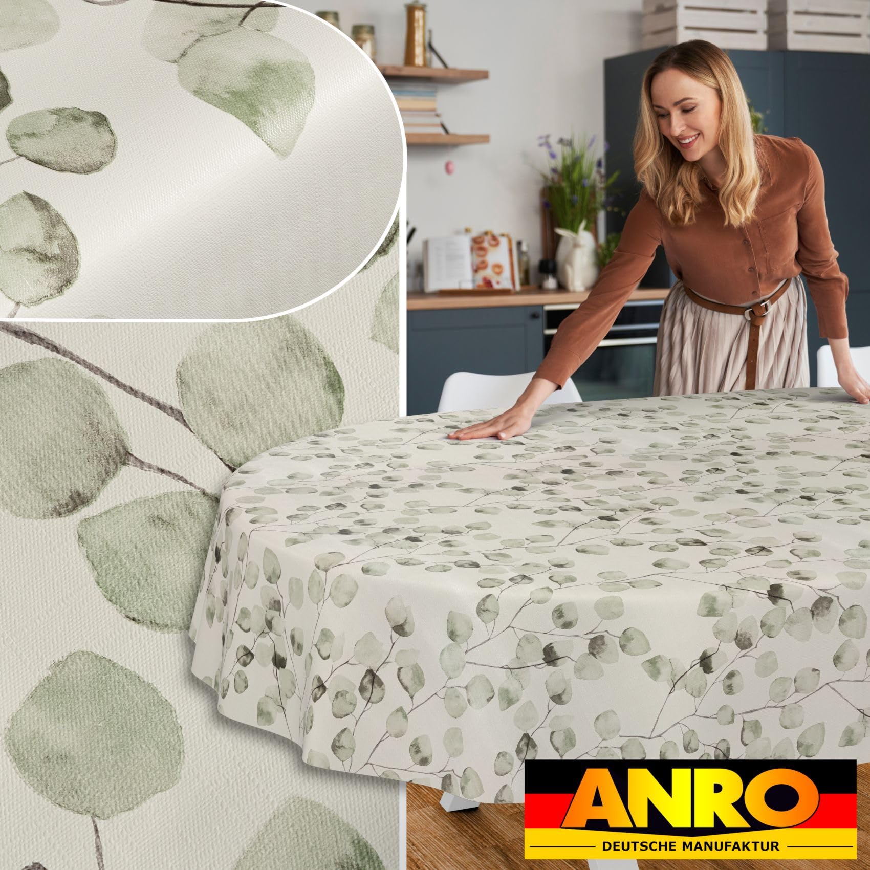 Tovaglia cerata ANRO 180 x 140 cm ovale lavabile resistente all'acqua motivo eucalipto