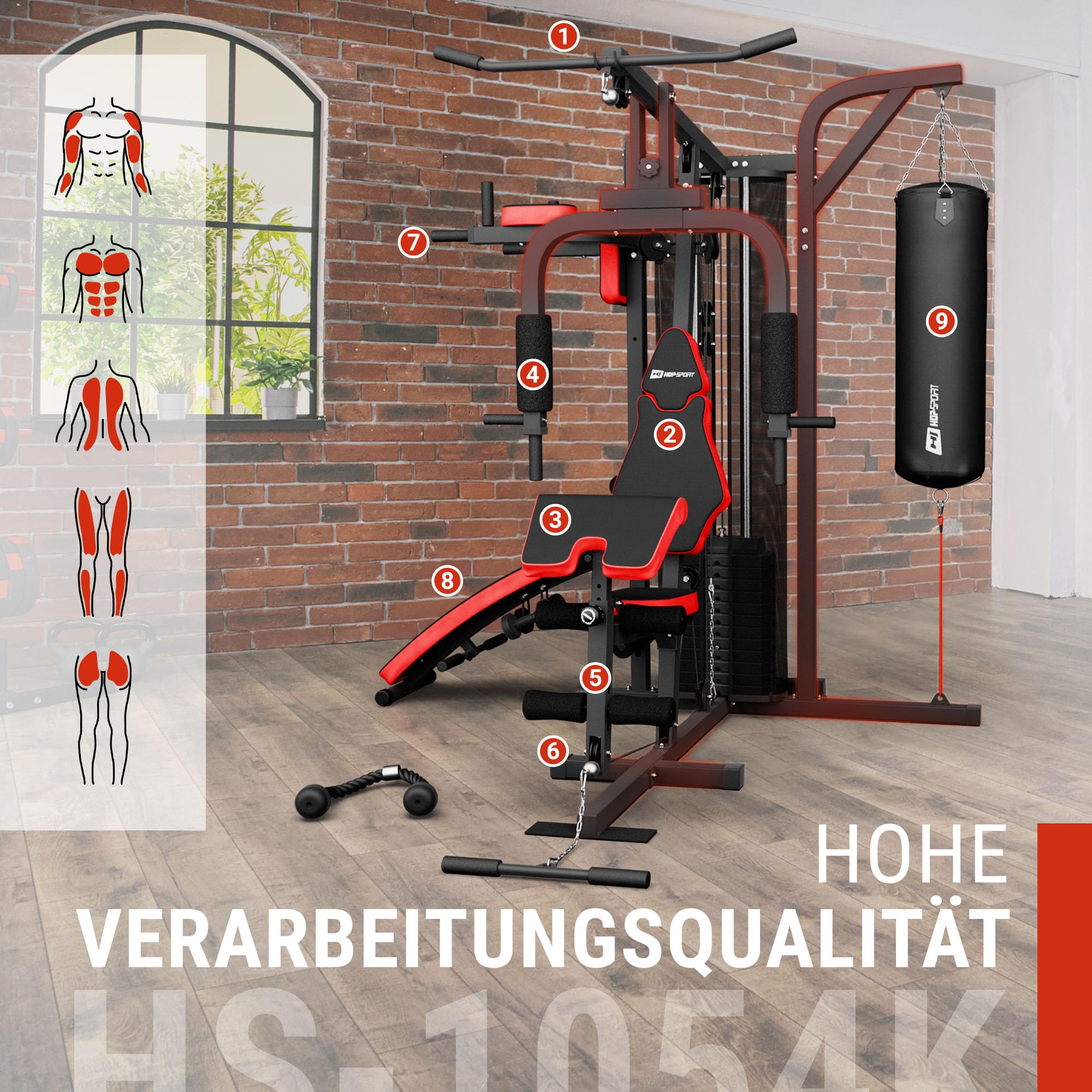 Hop-Sport Kraftstation für Zuhause, Fitnessstation Home Gym mit 72 kg Gewichtsblock, Latzug & Kabelzug, Butterfly, Dip-Station, Curlpult, klappbare Schrägbank, Boxsack inkl. Handschuhe