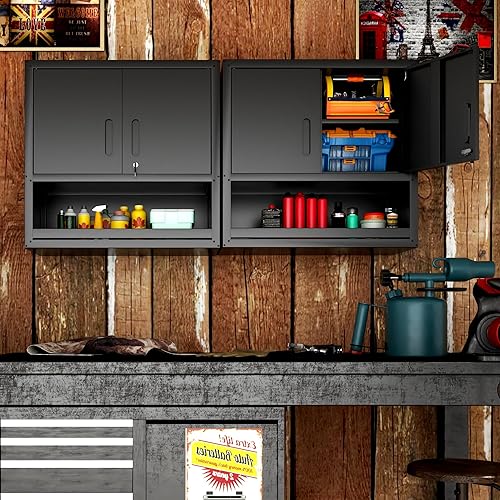 Vista 53 de Armario de almacenamiento de metal con estantes ajustables, armario de herramientas de garaje con 2 puertas con cerradura para oficina, hogar