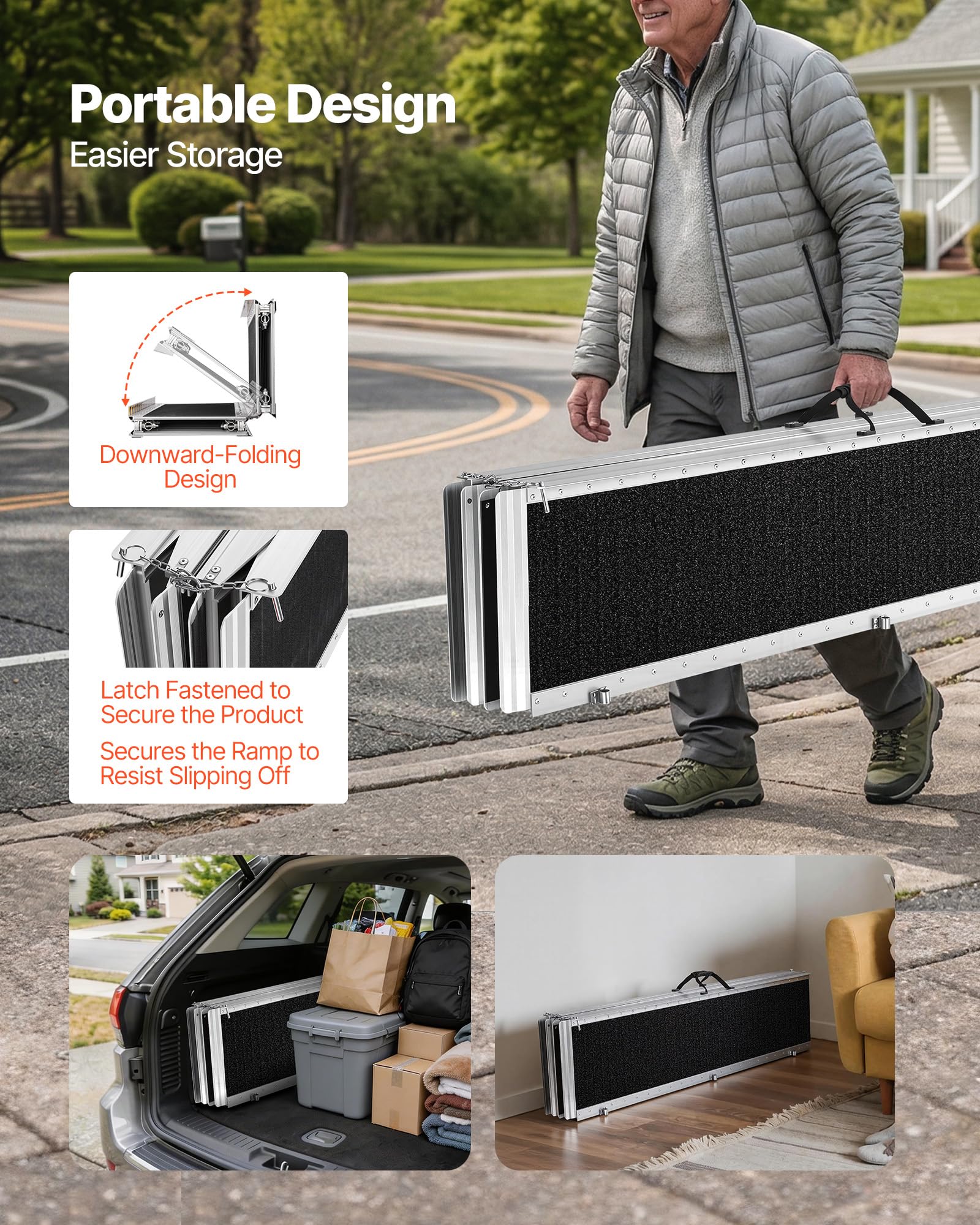 VEVOR Rampa para Silla de Ruedas Plegable Antideslizante 3640 x 735 mm, Rampa de Umbral de Aluminio con Capacidad de Carga 362,9 kg para Escaleras, Puertas, Andadores, Scooters, Entradas y Uso Diario