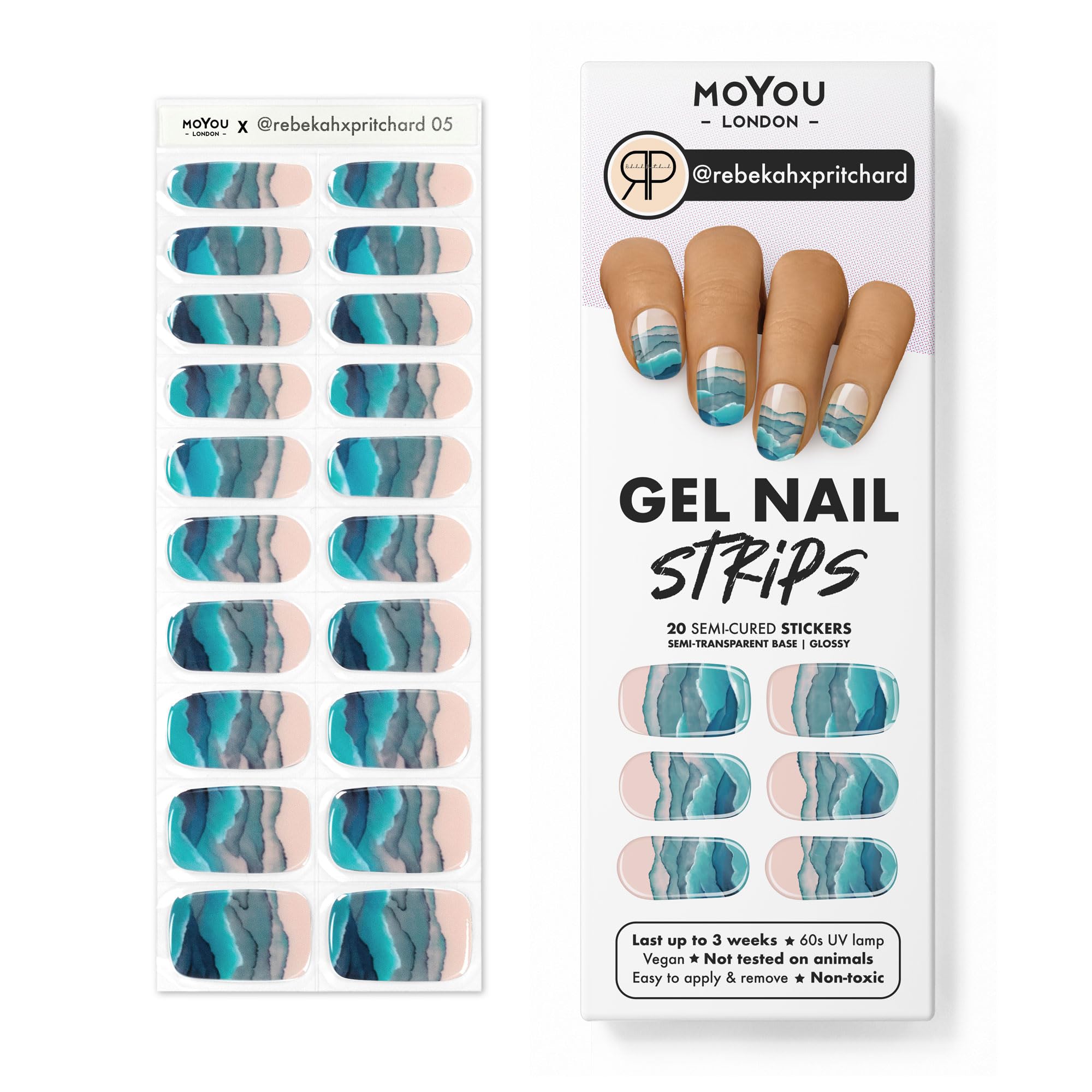 MOYOU LONDON Semi Cured Gel Nail Strips - 20 Pcs. Waterproof Gel Nail Wraps, Cures in Sunlight or UV/LED Lamp, Lasts Up to 2+ Weeks, Stretchable, Easy