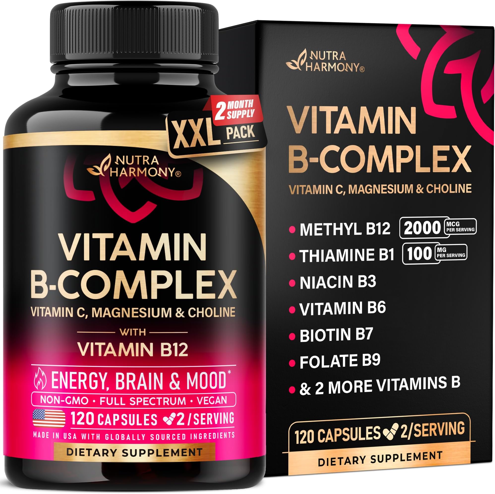 Vitamin B Complex for Men & Women - Made in USA - B-Complex: B1, B2, B3, B5, B6, B7, B8, B9, B12 with Vitamin C, Choline, Inositol - Energy, Brain & Heart Support Supplement, 120 Vegan Capsules