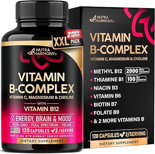 Miniatura 10 de Complejo de vitamina B para hombres y mujeres – Riboflavina B2, B12, B1, B3, B5, B6, B7, B8, B9 Vitamina C, colina, inositol – Suplemento