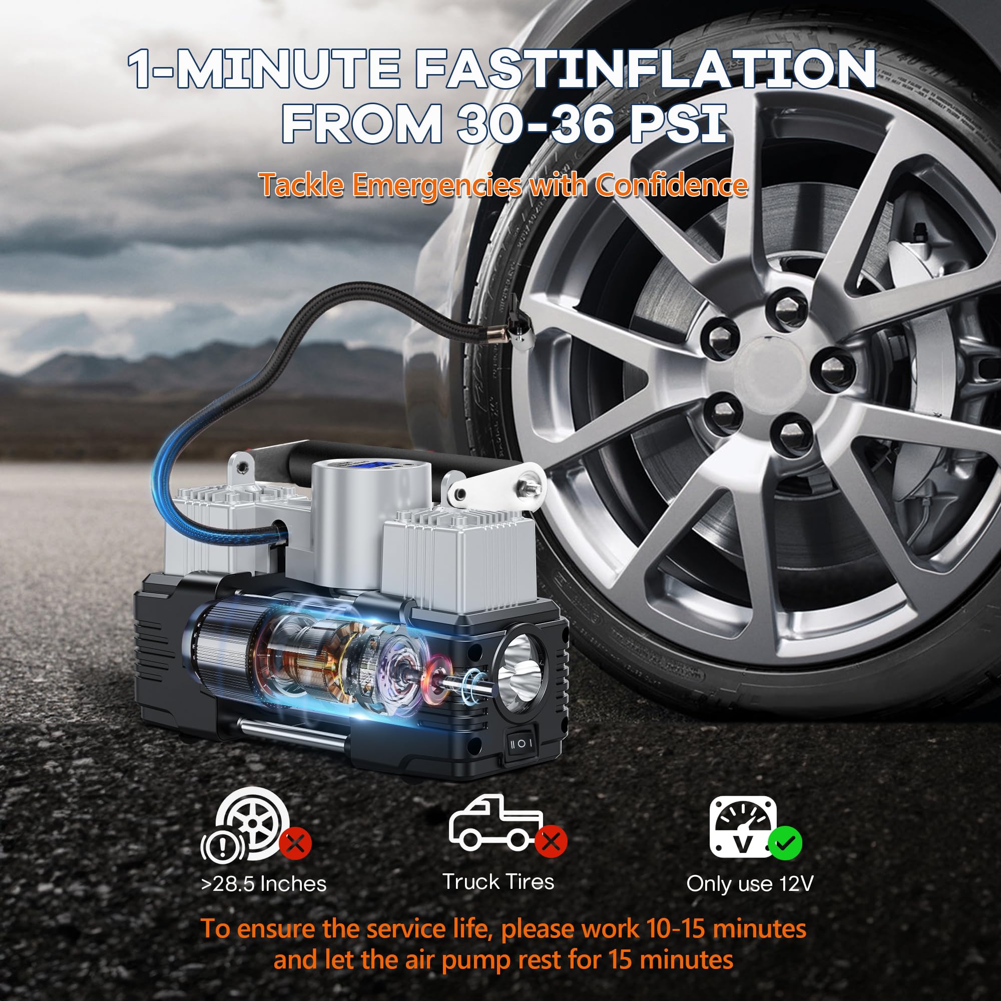 Compressore d'aria portatile a doppio cilindro, 150 psi, 12 V, con display digitale, luce LED, spegnimento automatico, accessori fuoristrada, resistente, per camion, SUV, auto, camper (argento