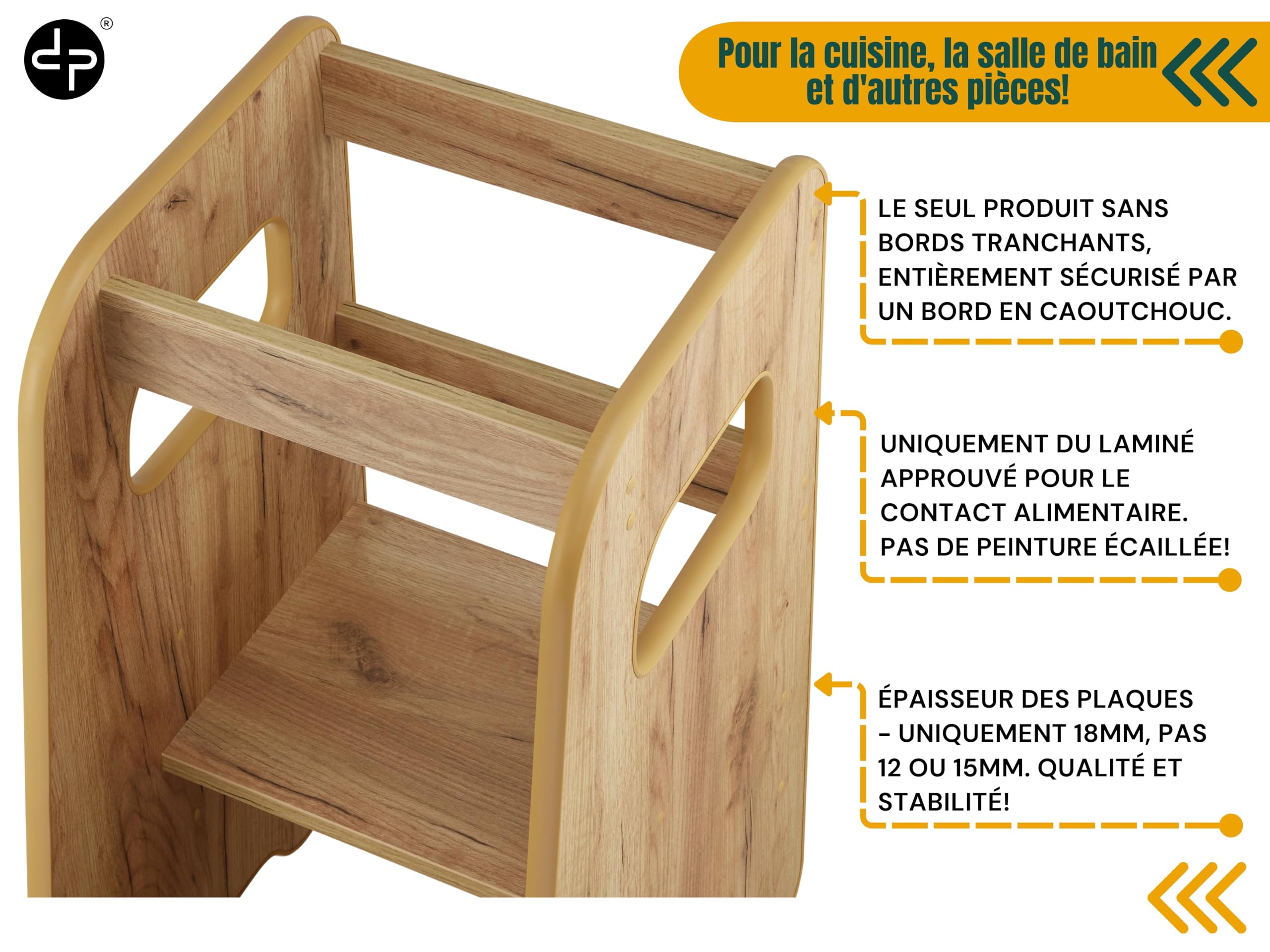 defiPad Tour d Observation Enfant Montessori - Stable & Sécurisée, Hauteur réglable sur 3 Niveaux - Tour d'apprentissage - Fabriqué en Europe - Learning Tower/Toddler Tower - Chêne