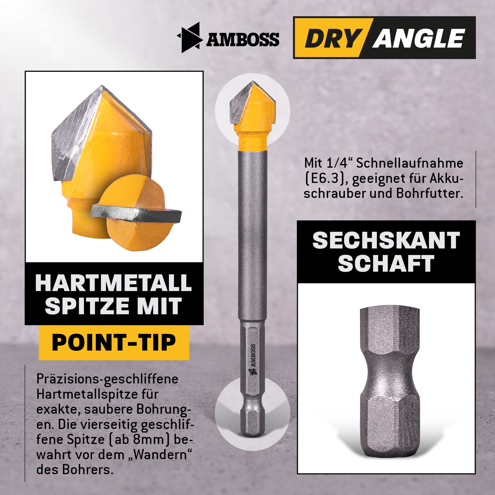 Amboss DryAngle Ø 12mm Punta per piastrelle vetro ceramica - Codolo esagonale