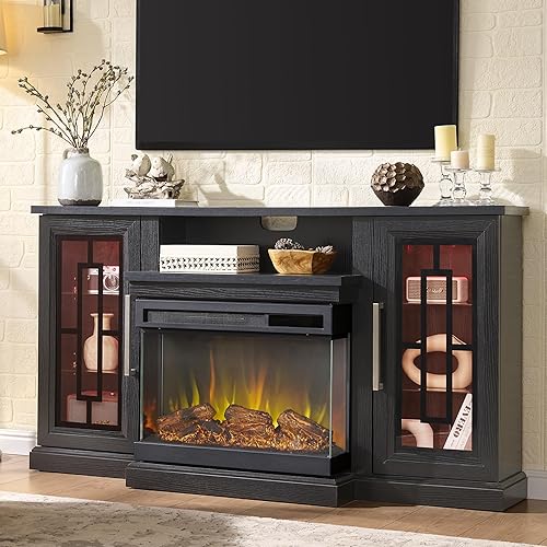 59 Inch LED TV Stand with 3-Side Glass Fireplace, Modern Media Entertainment Center Console Table for TVs up to 65 Inch with Adjustable Flame & LED Color, 24’’ Fireplace, Highboy, Black