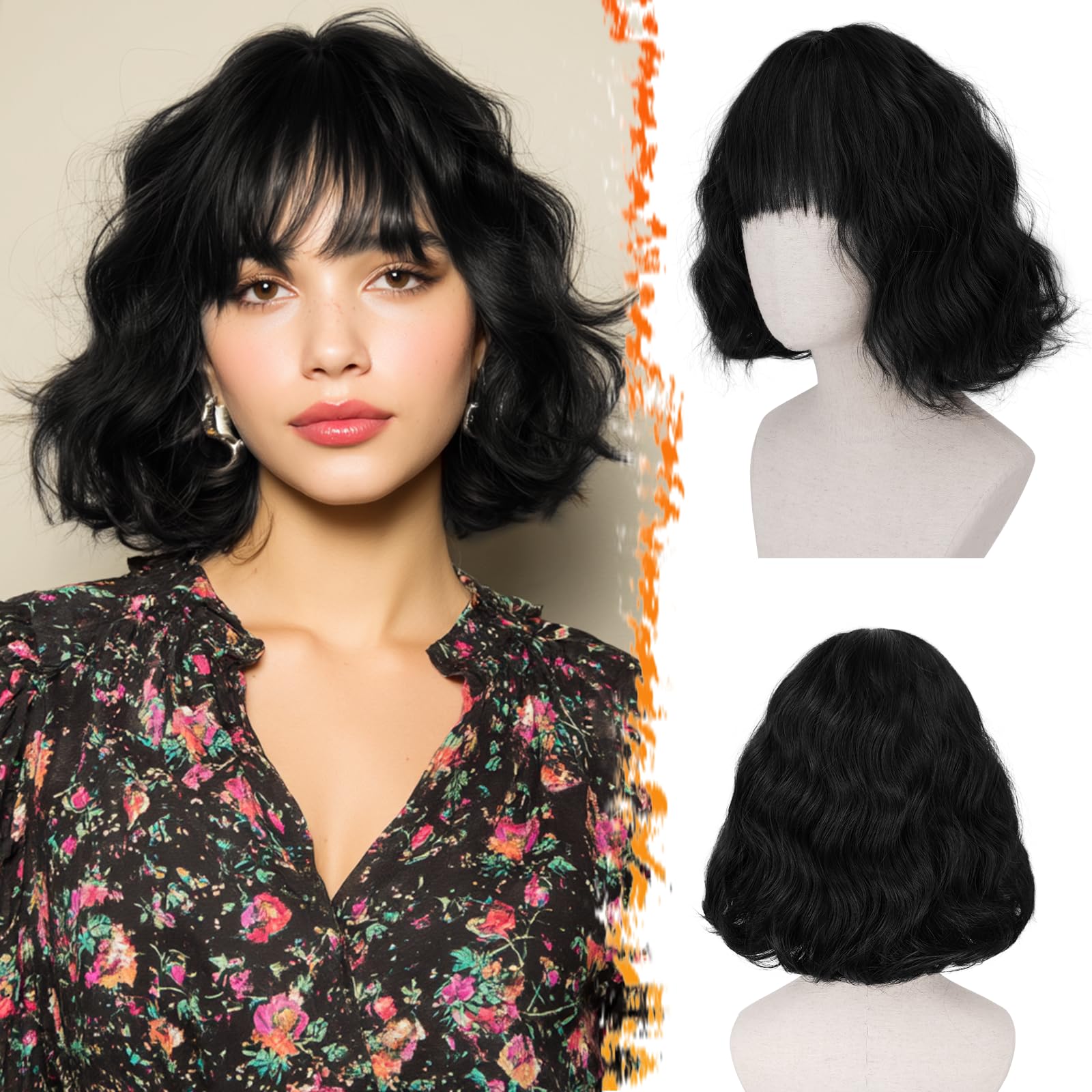BARSDAR Short Wavy Black Wig with Bangs, Short Black Bob Wigs for Women