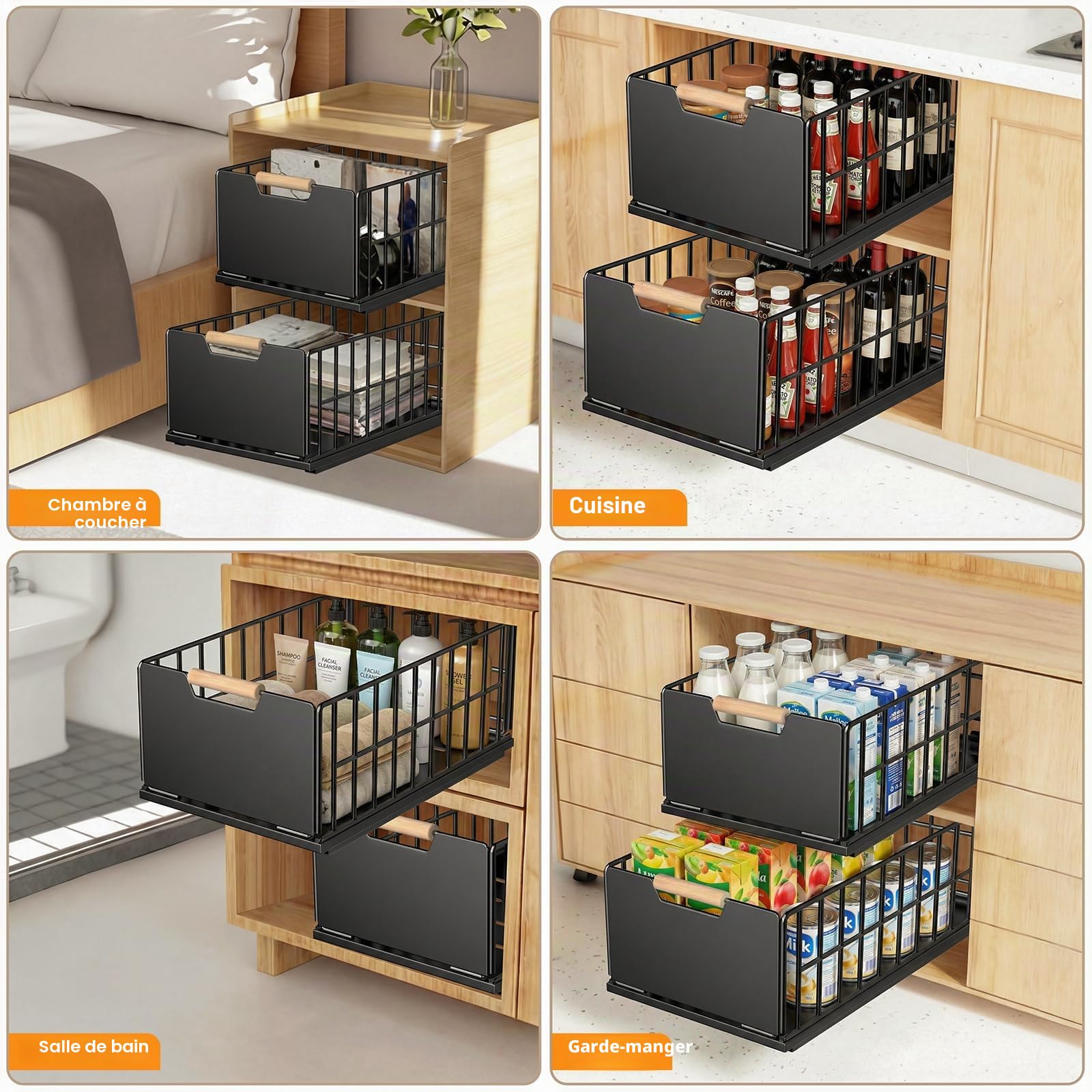 2 pièces tiroir coulissant cuisine, Organiseur de tiroirs profonds avec glissières de tiroir et poignée en bois, Télescopique à tirer en métal pour armoires de cuisine Organiseur - 40x25×18CM