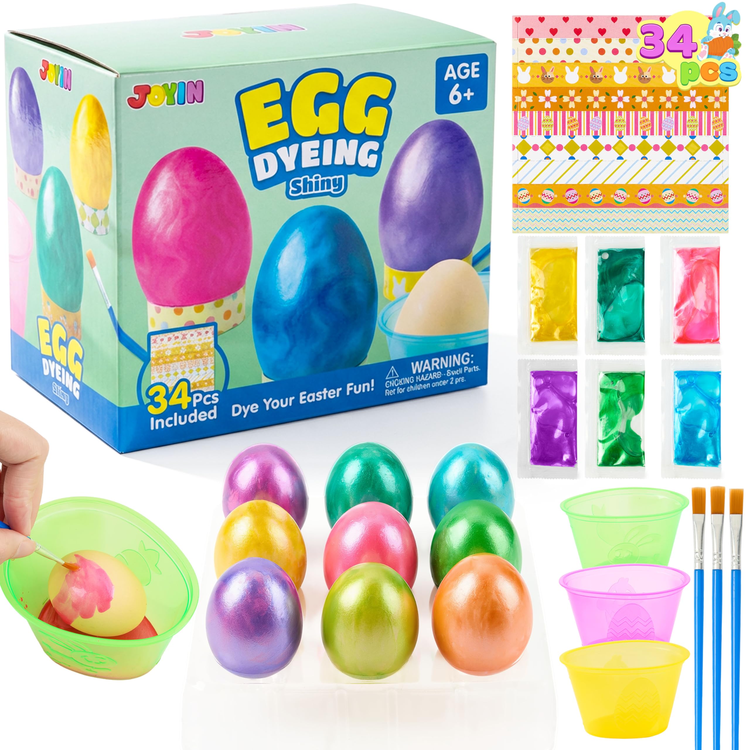 JOYIN 34 PCS Easter Shiny Egg Dye Decoration DIY Kit Multicolor Liquid Dyes with Brushes, DIY Egg Coloring Set for Kids Easter Activities, Theme Party, Hunt Fun.