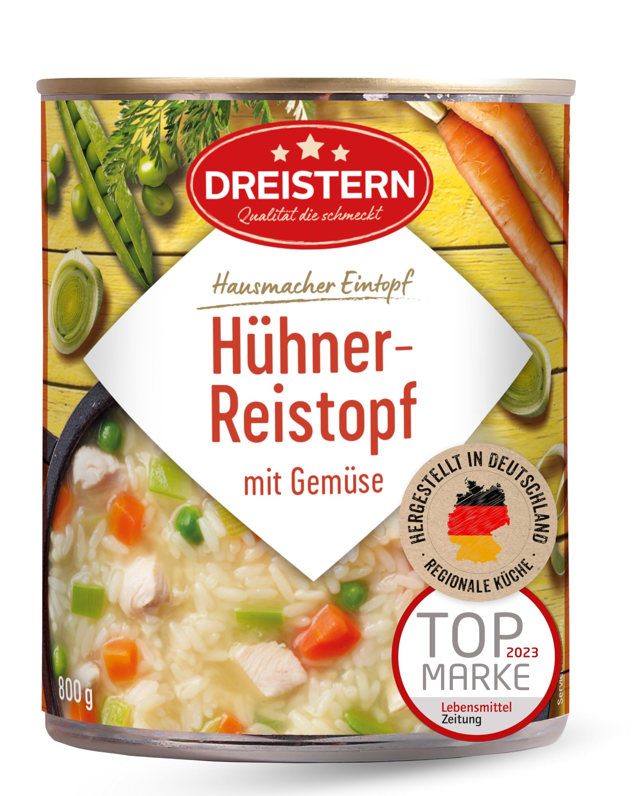 DREISTERN Hühner-Reistopf 800g I Mit Hühnerfleisch & Gemüse I Herzhafter Eintopf in recyclebarer Konservendose I Lange Haltbarkeit dank natürlicher Konservierung I Hausmacher Qualität