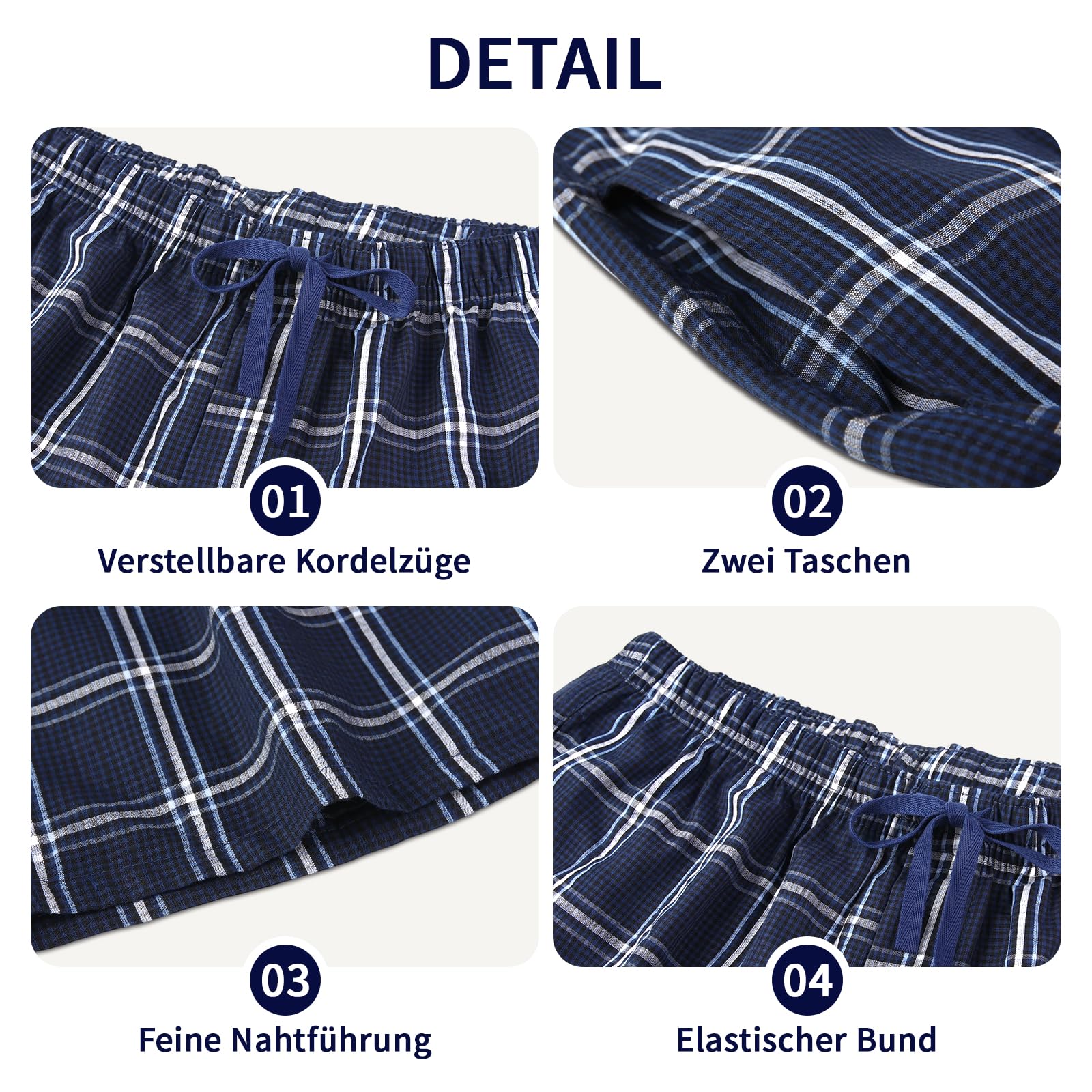 Short de Pyjama pour Homme, Pantalon de Pyjama à Carreaux Avec Poches Latérales et Taille élastique, Pack de 3