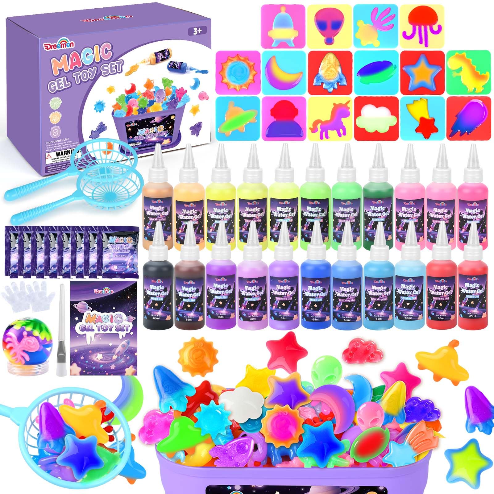 Dreamon Aqua Gel Set Spaziale 53PCS, Kit Creativo per Bambini con 22 Colori di Water Gel e 16 Formine Razzo Stella Luna, Attività Manuale 3D Educativa e Regalo per Bambini 3 4 5 6 Anni