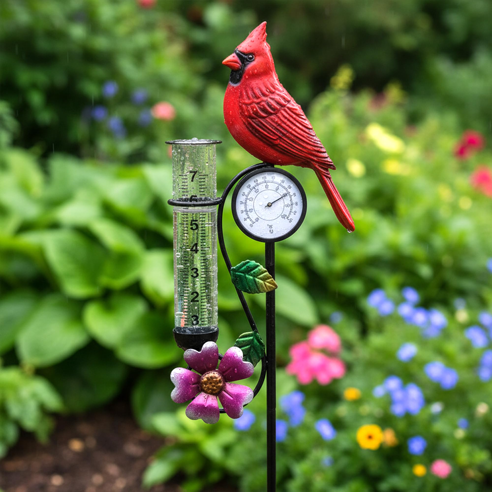 40in Red Bird Rain Gauge Thermometer Metal Garden Stake Decor