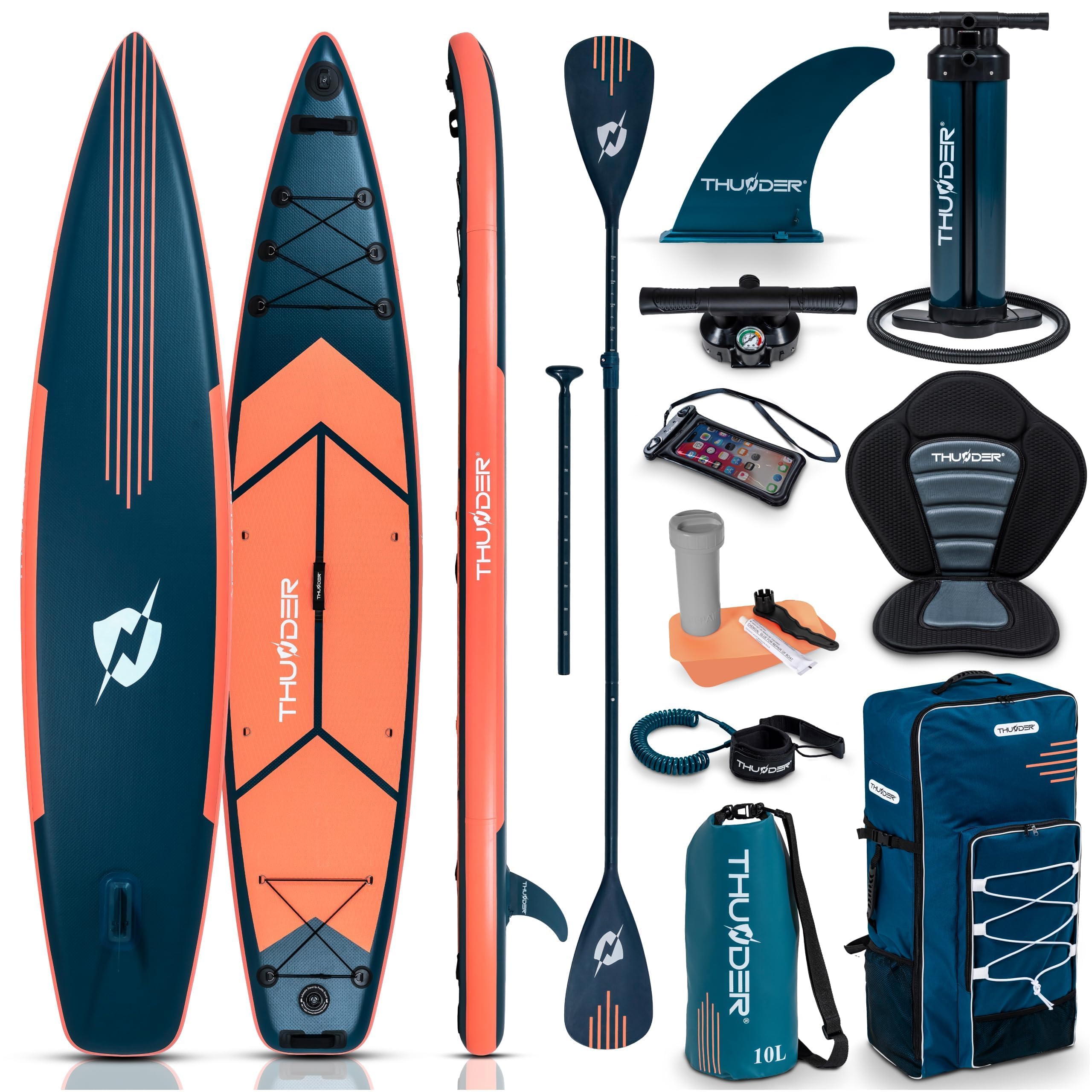 THUNDER Sup Gonflable 365 cm avec Siège Kayak & Support Caméra – Set Touring Complet avec Pompe, Pagaie & Sac à roulettes – Sup Pro jusqu'à 150 kg