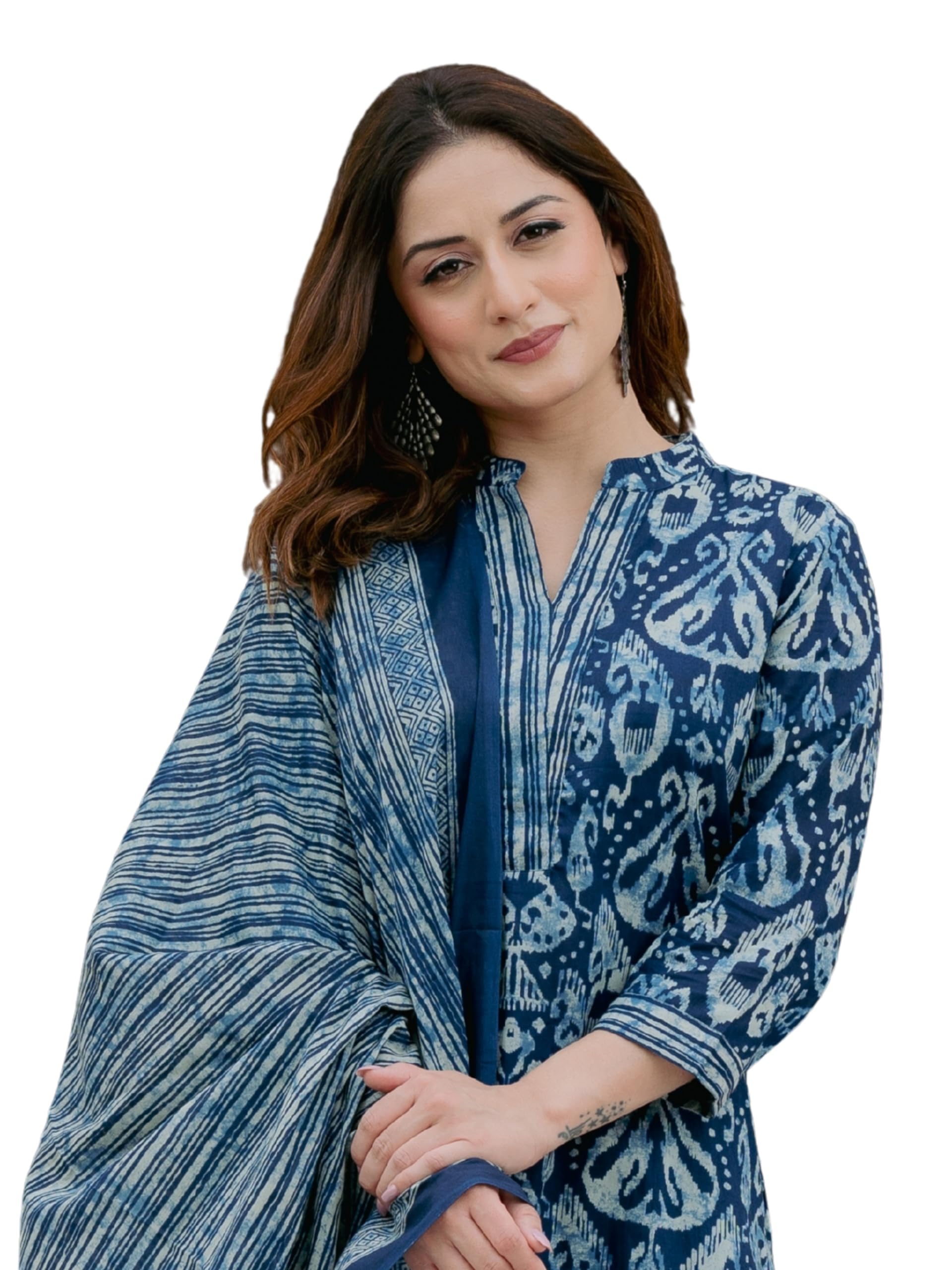 Arayna Women’s 100% Pure Cotton Ikat Printed Ethnic Straight Kurta Pant and Dupatta Set for Women