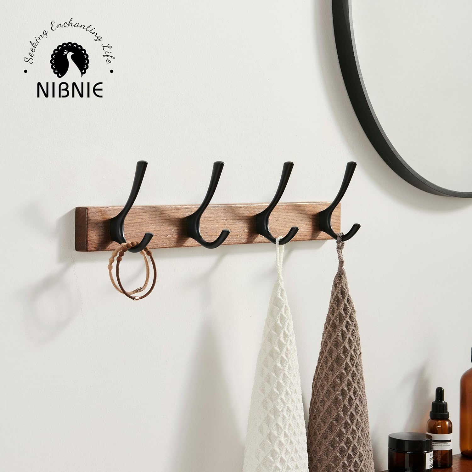 16 Inch Small Walnut Wood Coat Rack Wall Mount with 4 Hooks, Adhesive & Drilling Mounted, Heavy Duty Wooden Wall Coat Hanger Hanging Towel Clothes Hat Bag Purse Key Jacket Backpack Holder Black