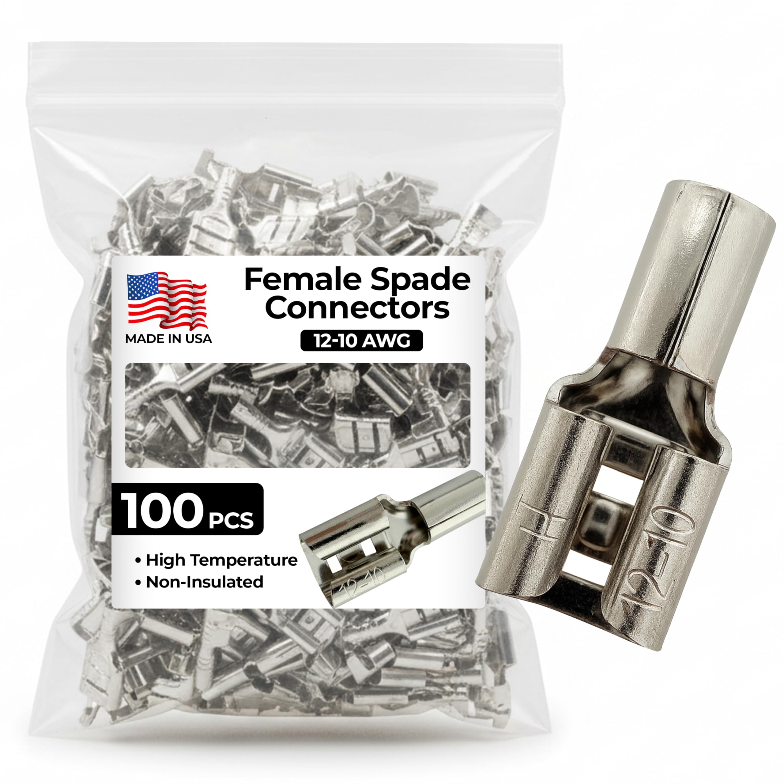 Sherco-Auto 100 Pcs High Temperature Non-Insulated Female Spade Connectors - 12-10 Gauge Quick Disconnect .250 Tab - Wire Splice Connectors for Strong