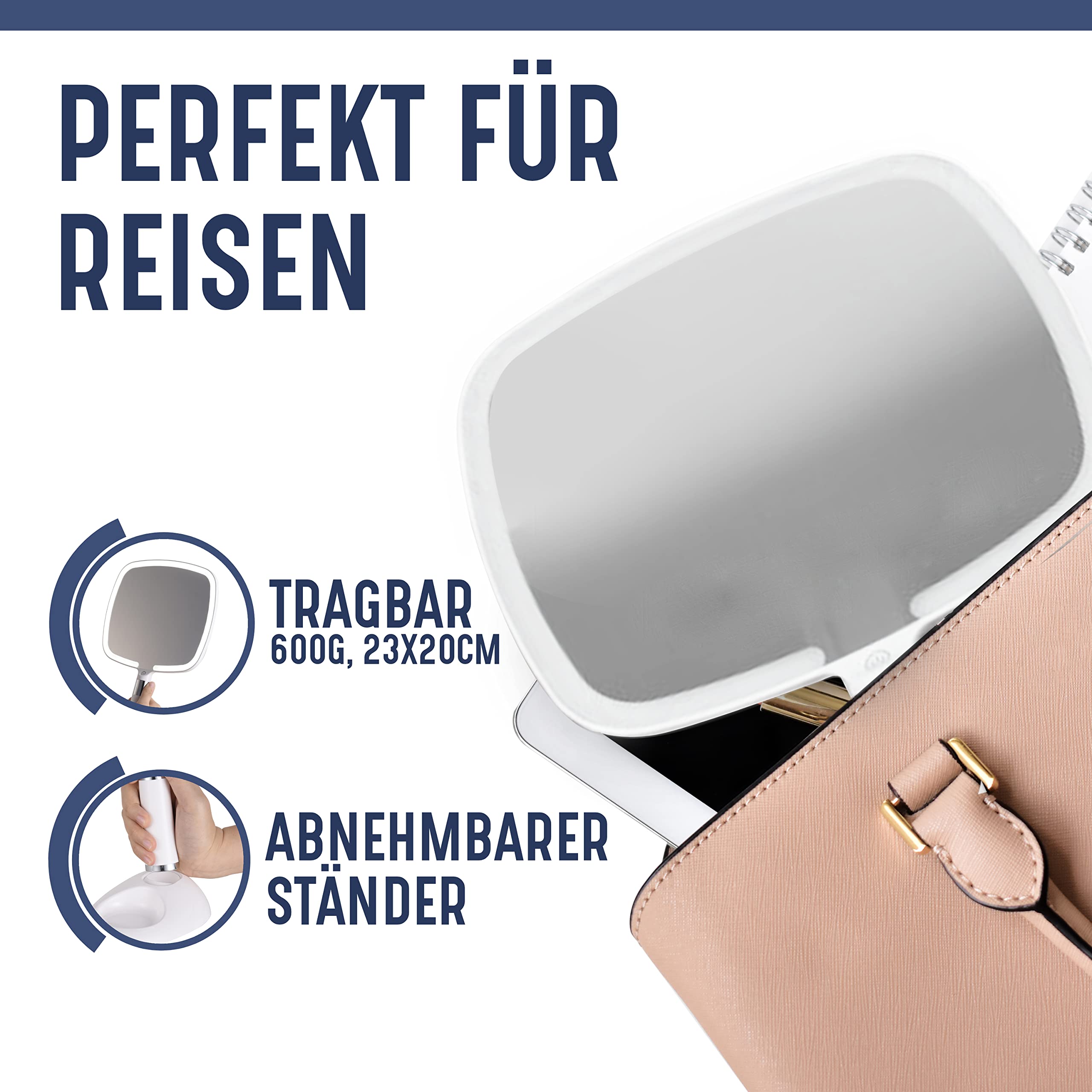Mirrorvana® Handspiegel für Reisen - mit Beleuchtung, Komfortablem Griff, Abnehmbarem Ständer - Hand- und Tischspiegel, LED, 2-in-1