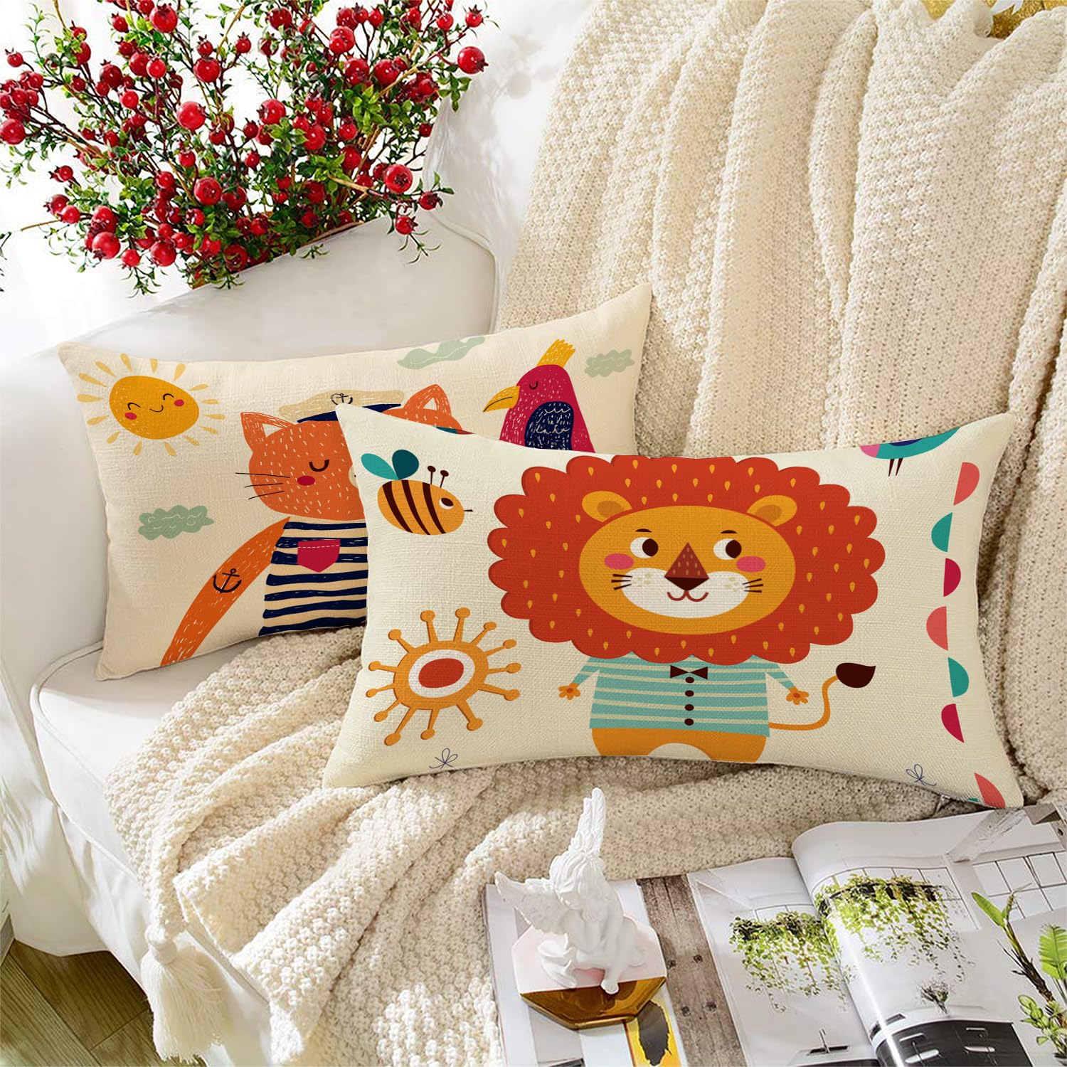 STITCHNEST Animals Printed Poly Cotton Rectangular Cushion Cover Set of 2 (12 X 18 Inches)