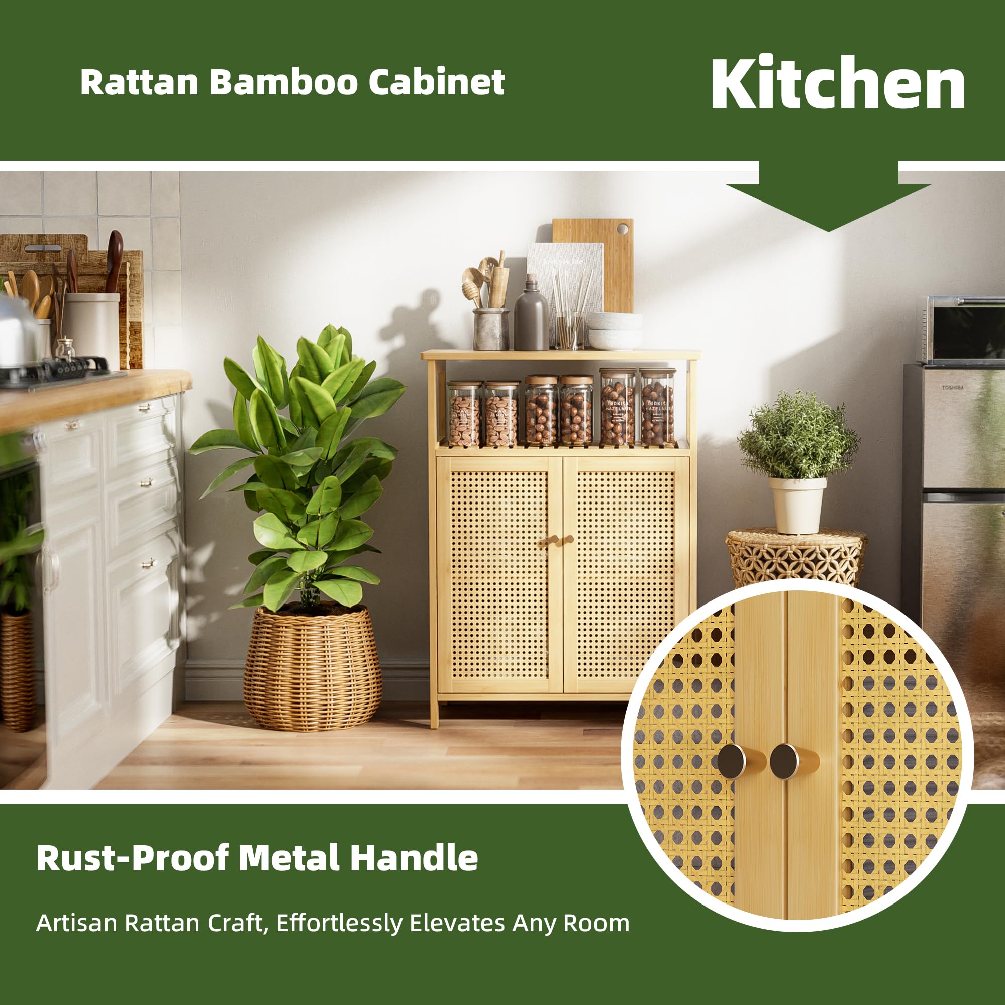 Armario de Baño con Soporte de Suelo, Mesa Organizadora de Almacenamiento de Bambú con 2 Puertas de Ratán y 1 Estante, Armario Lateral de Madera para Pasillo, Cocina, Sala de Estar (Natural)