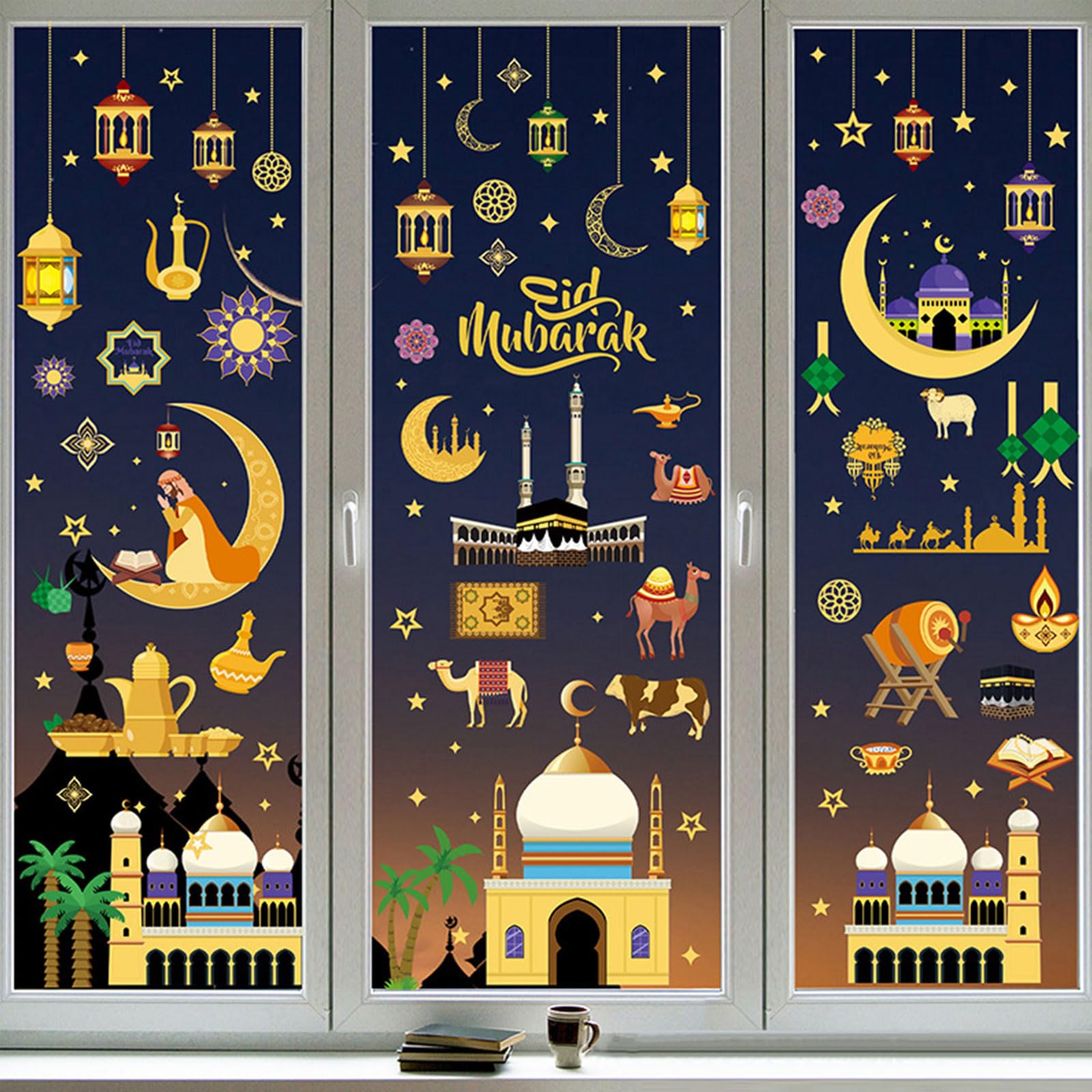 DPKOW 24 vellen islamitische stickerset, ramadan Eid-stickers, islamitische bloemen, maan, sterren, stickers voor Eid knutselen, cadeaus voor