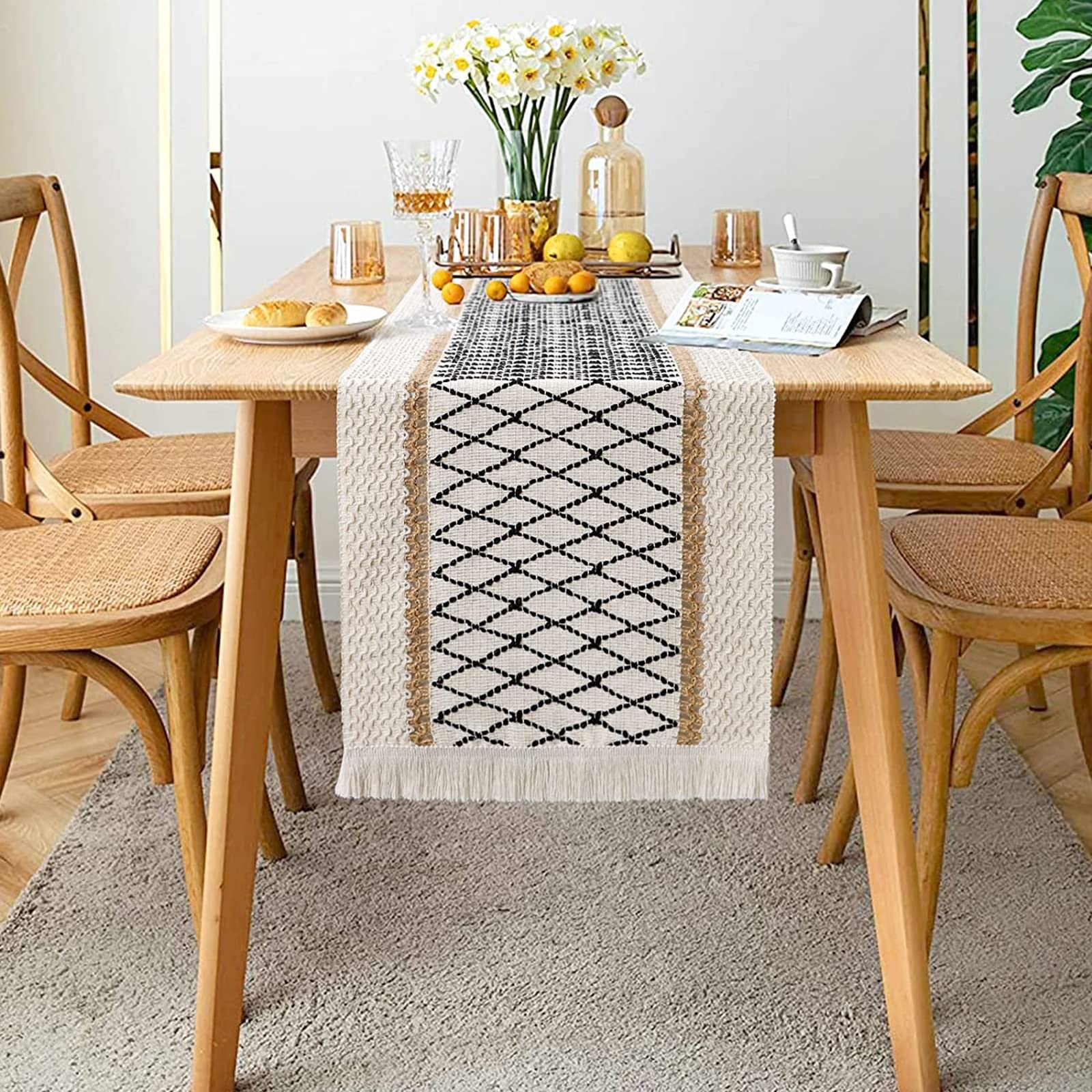 Chemin de table à franges en coton et lin, chemin de table géométrique en tissu tissé à la main, chemin de table décoratif rustique pour table de cuisine bohème (couleur : blanc, taille : 30 x 270 cm