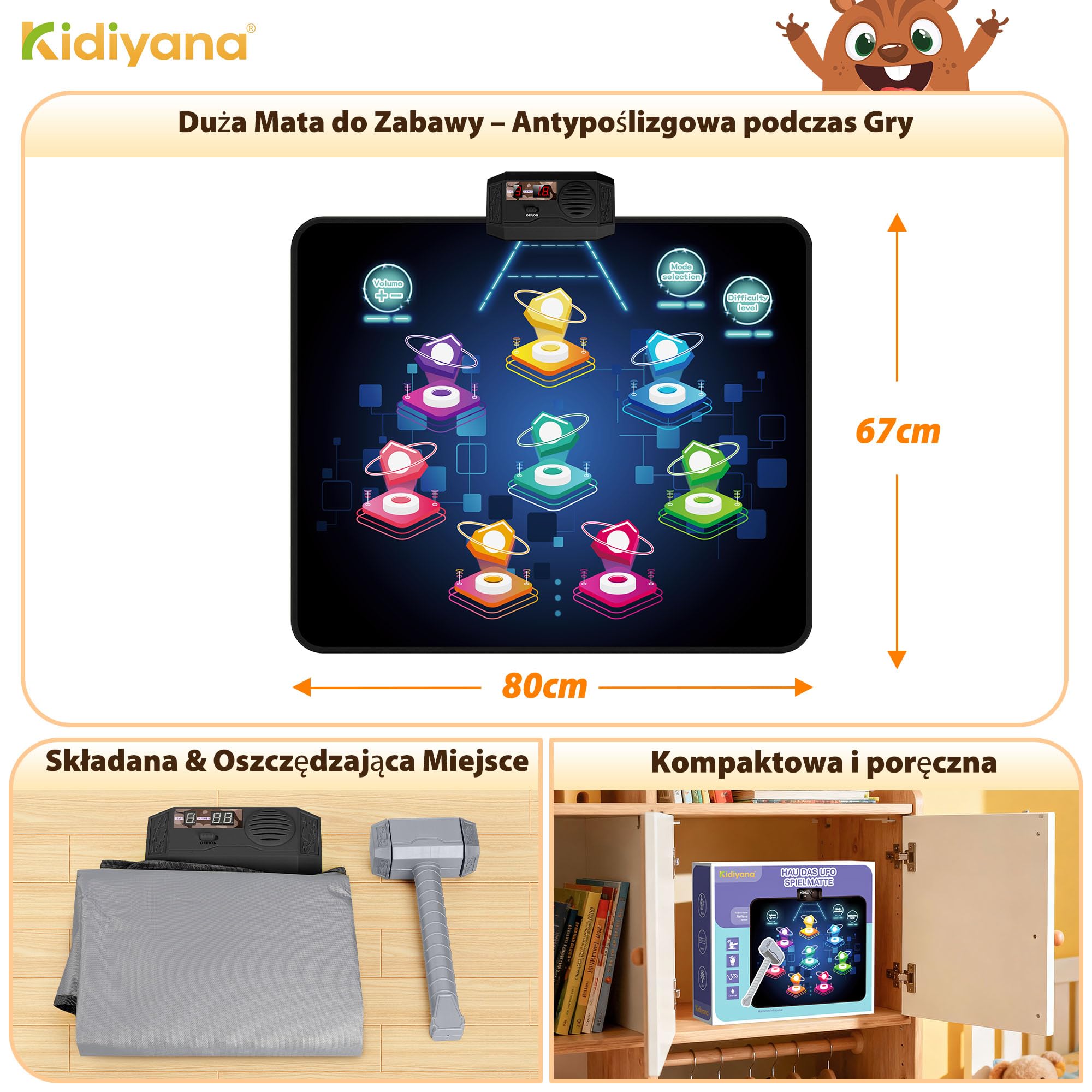Mata do zabawy, elektroniczna gra z młotem dla dzieci i dorosłych, gra reakcyjna z 8 trybami gry i 24 poziomami, gra pukania, gra w pukanie od 3 lat, z muzyką i światłem, UFO