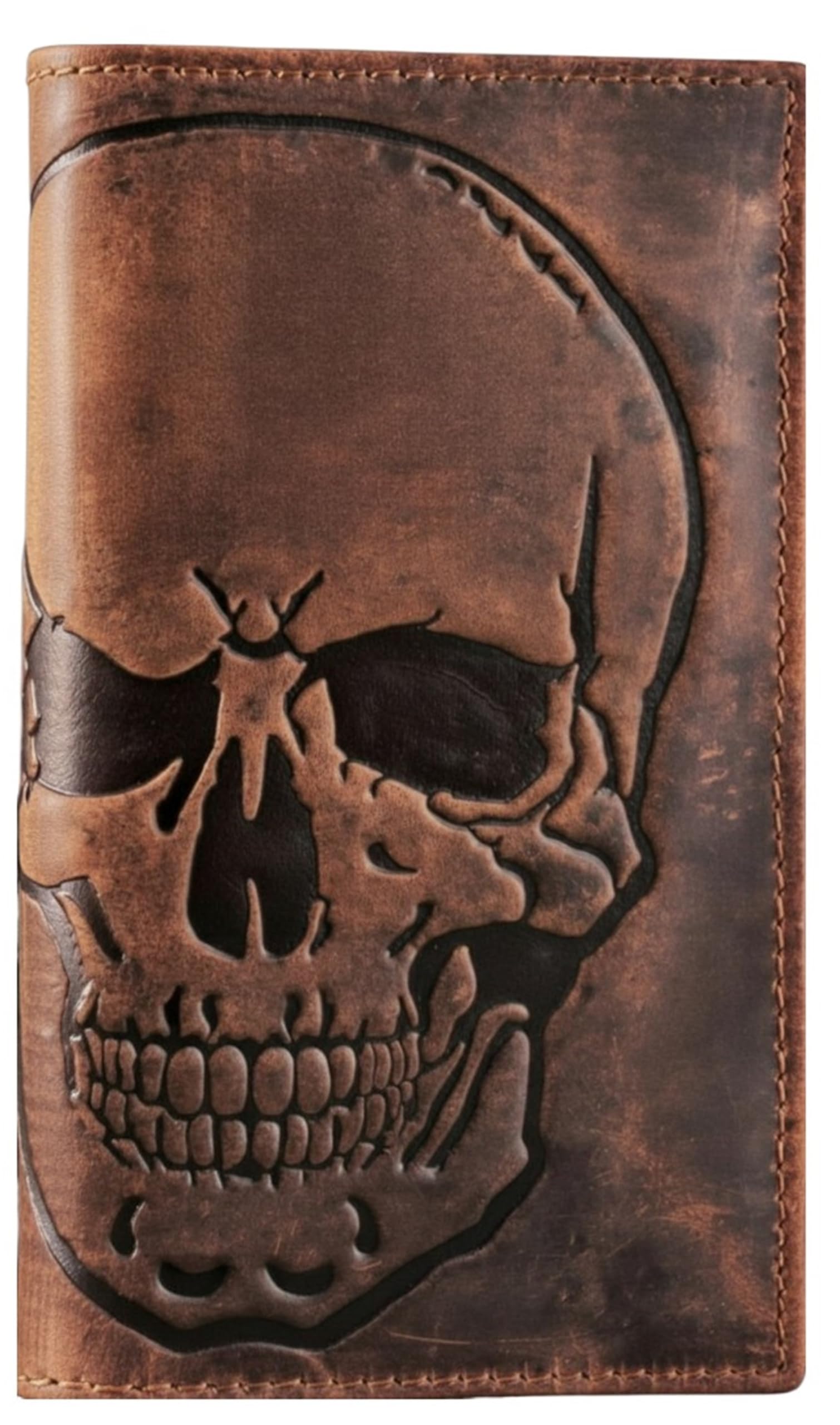 Men's RFID Vintage Look Genuine Leather Long Bifold Wallet Checkbook Wallets,buffalo wax leather,classic brown skull,240-120