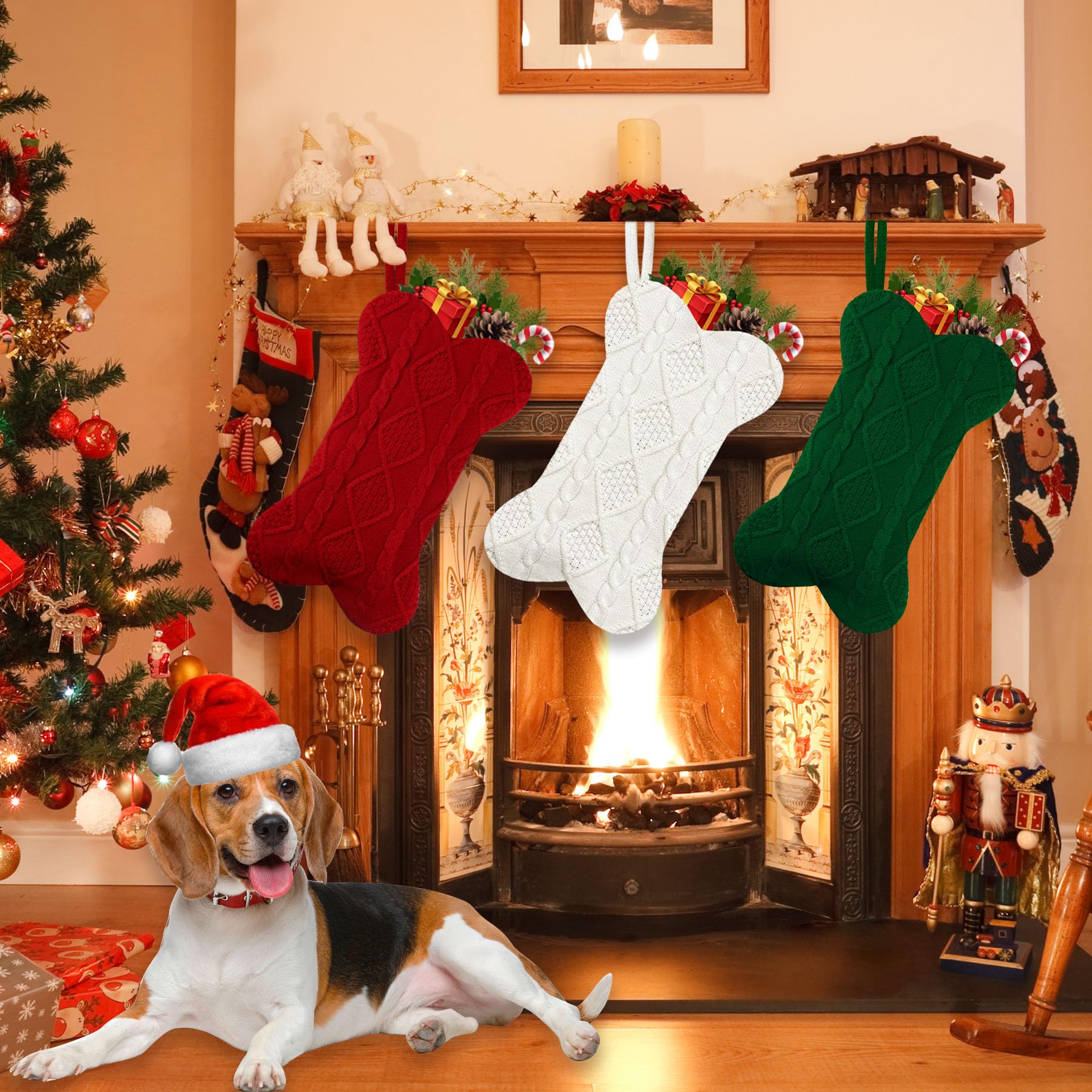 GOYOSWA 3 Pack Dog Christmas Stocking, 18 Inch Large Double Side Knitted Christmas Stocking for Dogs, Bone Shaped Hanging Dog Stocking for Dogs Pets
