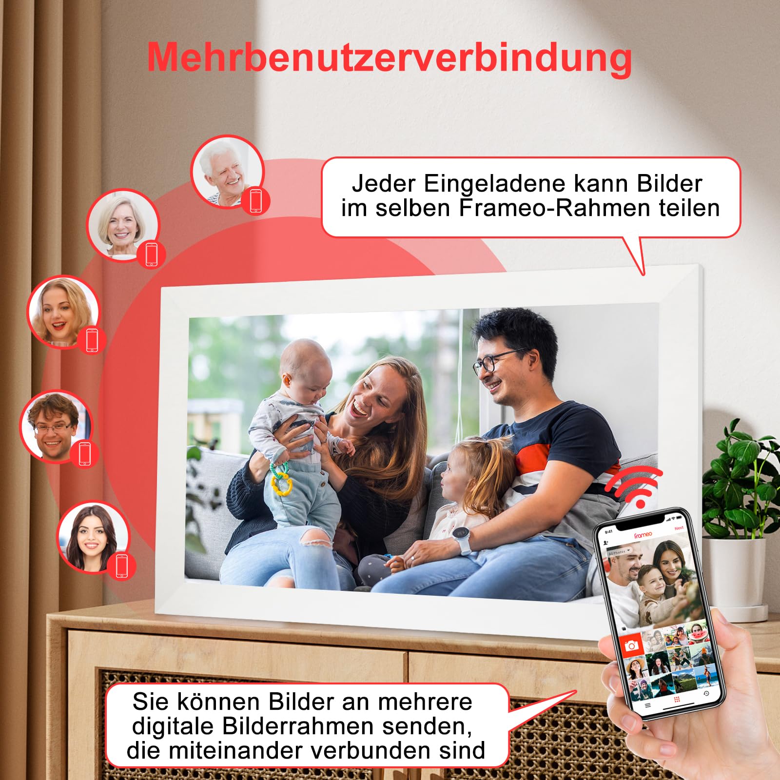 Frameo - Marco de fotos digital de 15,6 pulgadas con wifi, con pantalla táctil IPS HD de 1920 x 1080, 32 GB de memoria para compartir fotos/vídeos, dispositivo de mesa y pared, boda, cumpleaños