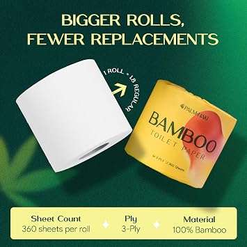 Premium Bamboo Toilet Paper | 3-Ply Strong & Absorbent | Tree-Free, FSC Certified, BPA/PFAS-Free | Septic-Safe, Lint-Free | 4 Mega Rolls (360 Sheets/Roll) | PALM NAKI