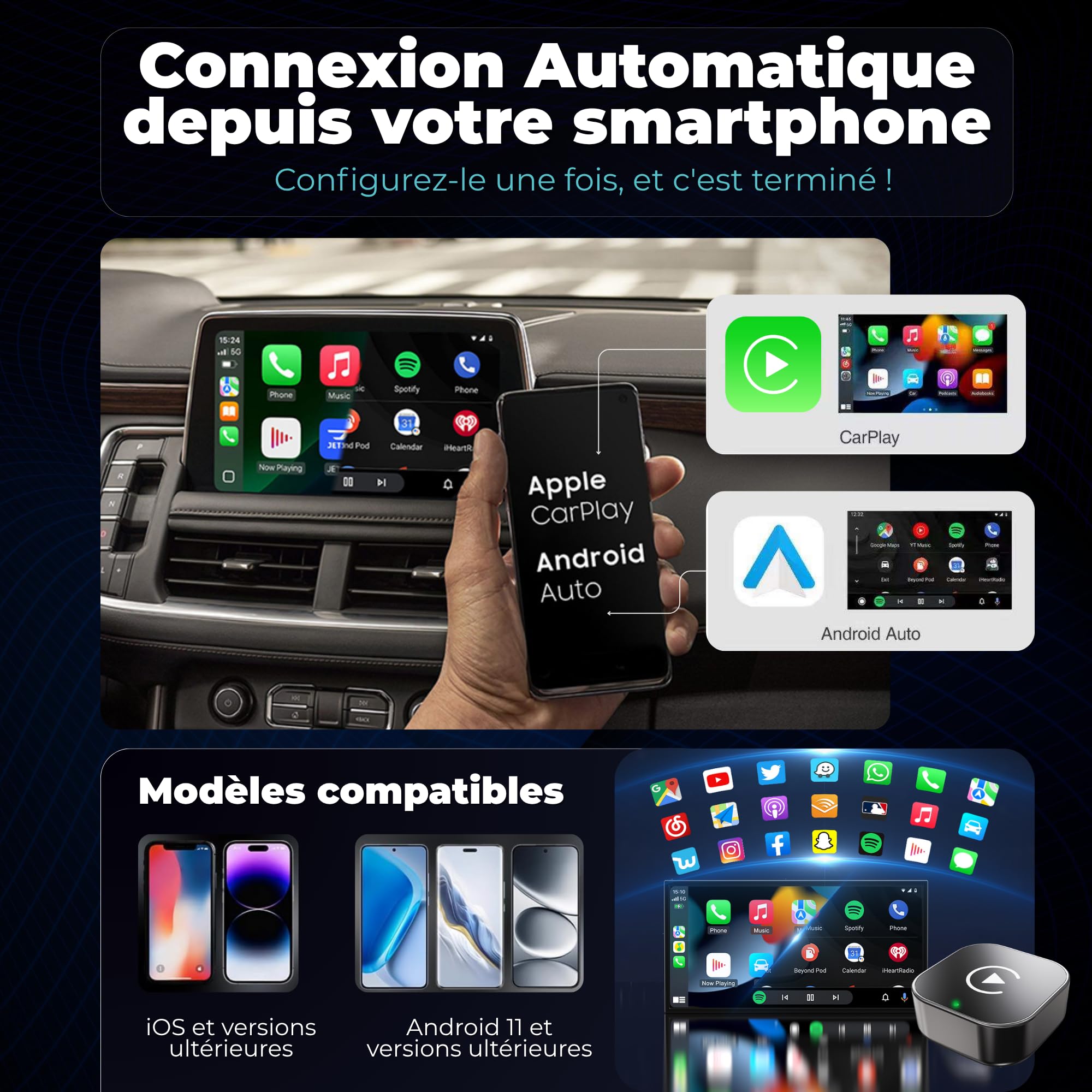 Adaptateur Carplay sans Fil & Android Auto sans Fil 2 en 1 Mini (Version 2026) – Plug & Play, reconnexion Rapide, 3 Accessoires Inclus, Compatible USB-A et USB-C