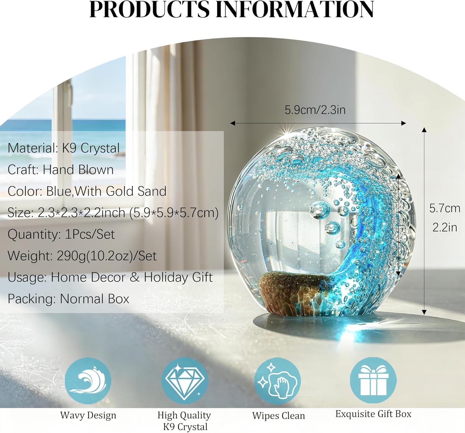 H&D HYALINE & DORA Hand Blown Glass Ocean Waves Ball Paperweight Decorative Home Office Decor Glass Art Collectible Crystal Ball Paperweight Ideal for Ocean Lovers(2.3Inch) - Image 5