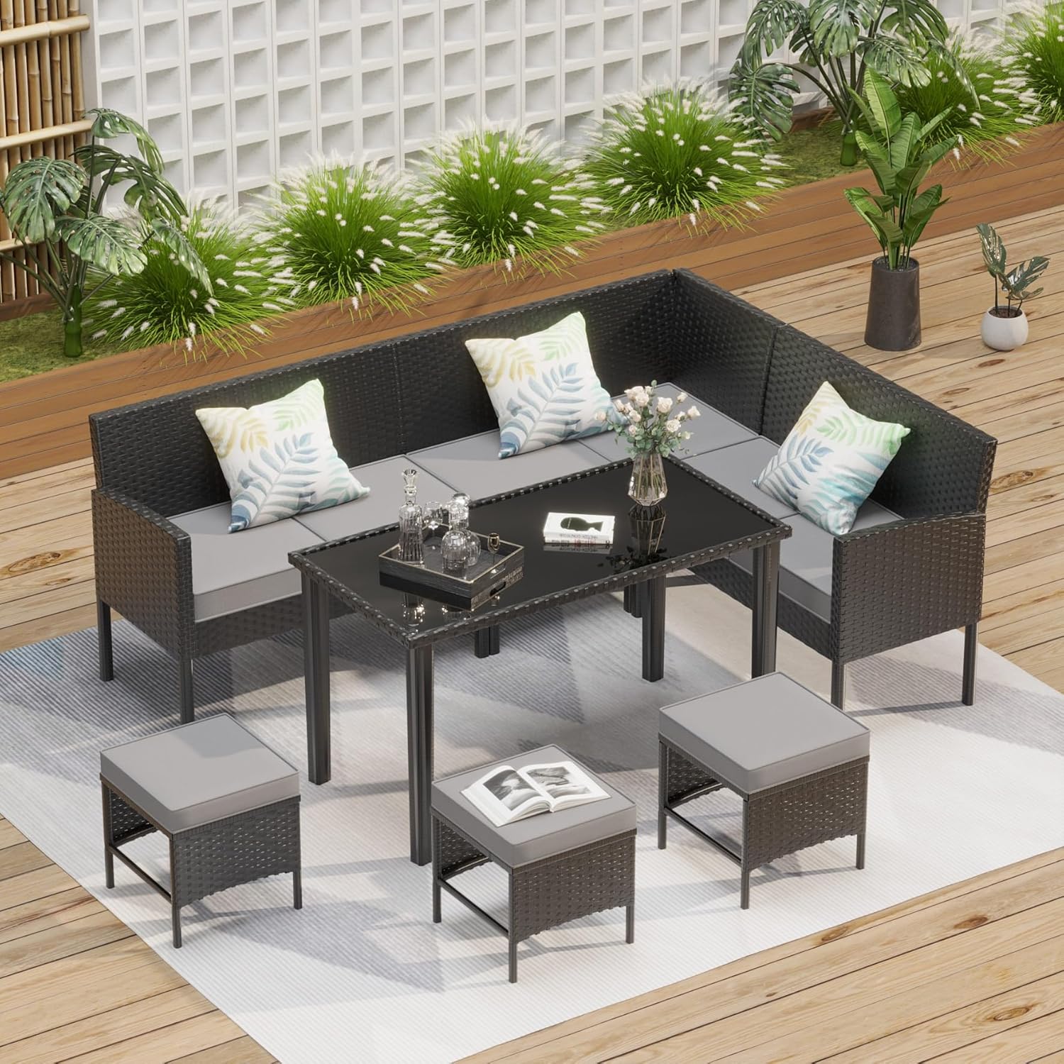 Luxurious 7-Piece Outdoor Furniture Set with Waterproof Cushions and Glass Table for Small Spaces(Blue+Grey)