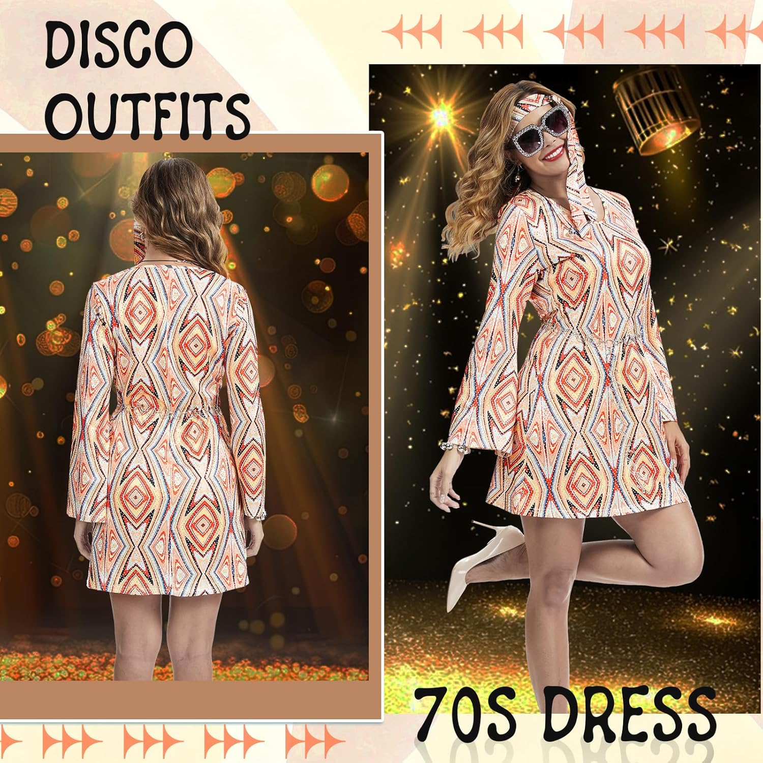 70s Disco Outfits for Women, 7 Pcs 60s Outfits Hippie Costume Women Accessories Jewelry Prom Bling Dress - Image 3