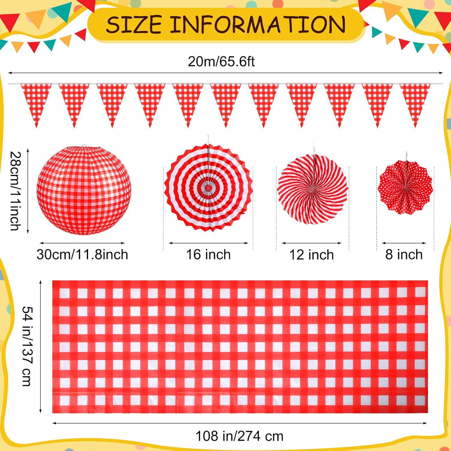 Hortsun 18 Pcs Picnic Party Decorations Red Gingham Party Supplies Include Checkered Pennant Banner Hanging Paper Fans Lanterns Plastic Tablecloth for BBQ Birthday Dinner Wedding Baby Shower