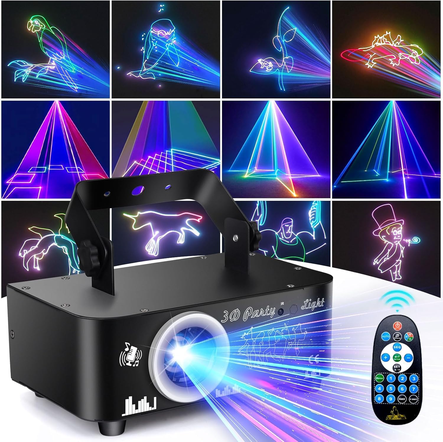 Fwiull DJ Light Games, 3D RGB Animated Disco Light with Remote Control, Voice-Controlled Evening Light with DMX 512, Disco Light for Bar, Party, KTV, Birthday, Family