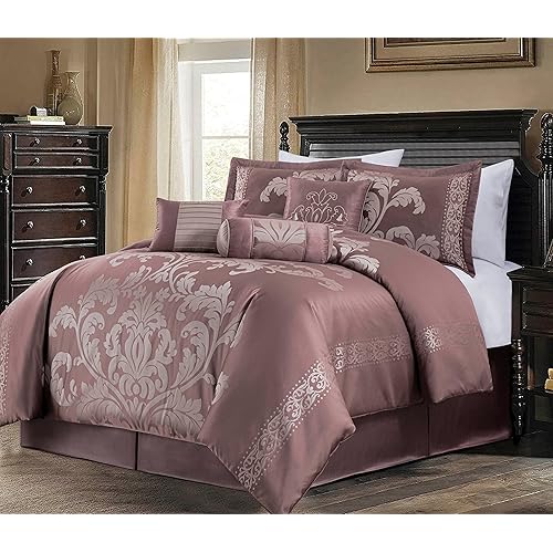 Chezmoi Collection 7-Piece Jacquard Floral Comforter Set (King, Woodrose/Gray)