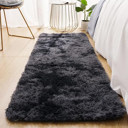Miniatura 2 de Fluffy Runner Rugs for Bedroom Living Room 2x6 Area Rug, Dark Grey Soft Fuzzy Shag Tie Dye Carpet, Plush Small Throw Bedside Rug for Kids Girls Boys
