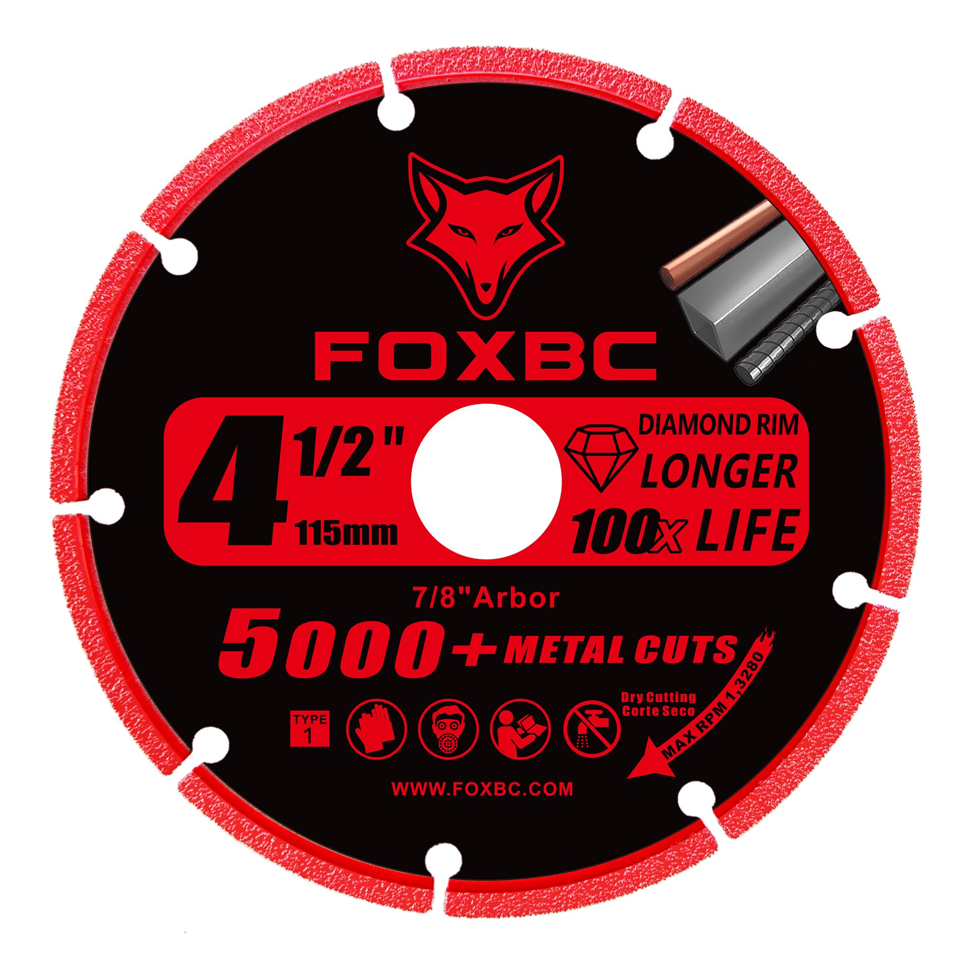 FOXBC Rueda de corte de diamante de 4 1/2 pulgadas para amoladora angular, más de 5000 cortes en barra de refuerzo, acero inoxidable, hierro angular, eje de 7/8 pulgadas