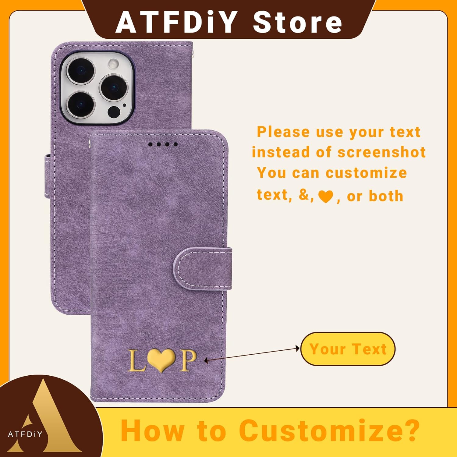 Customizable Leather Phone Case Personalized Gold Silver Monogrammed PU Cases for iPhone 17/16/15/14/13/12/11/X/8/7/SE Series Flip Cover with Kickstand Magnetic Closure Gifts Givings Purple