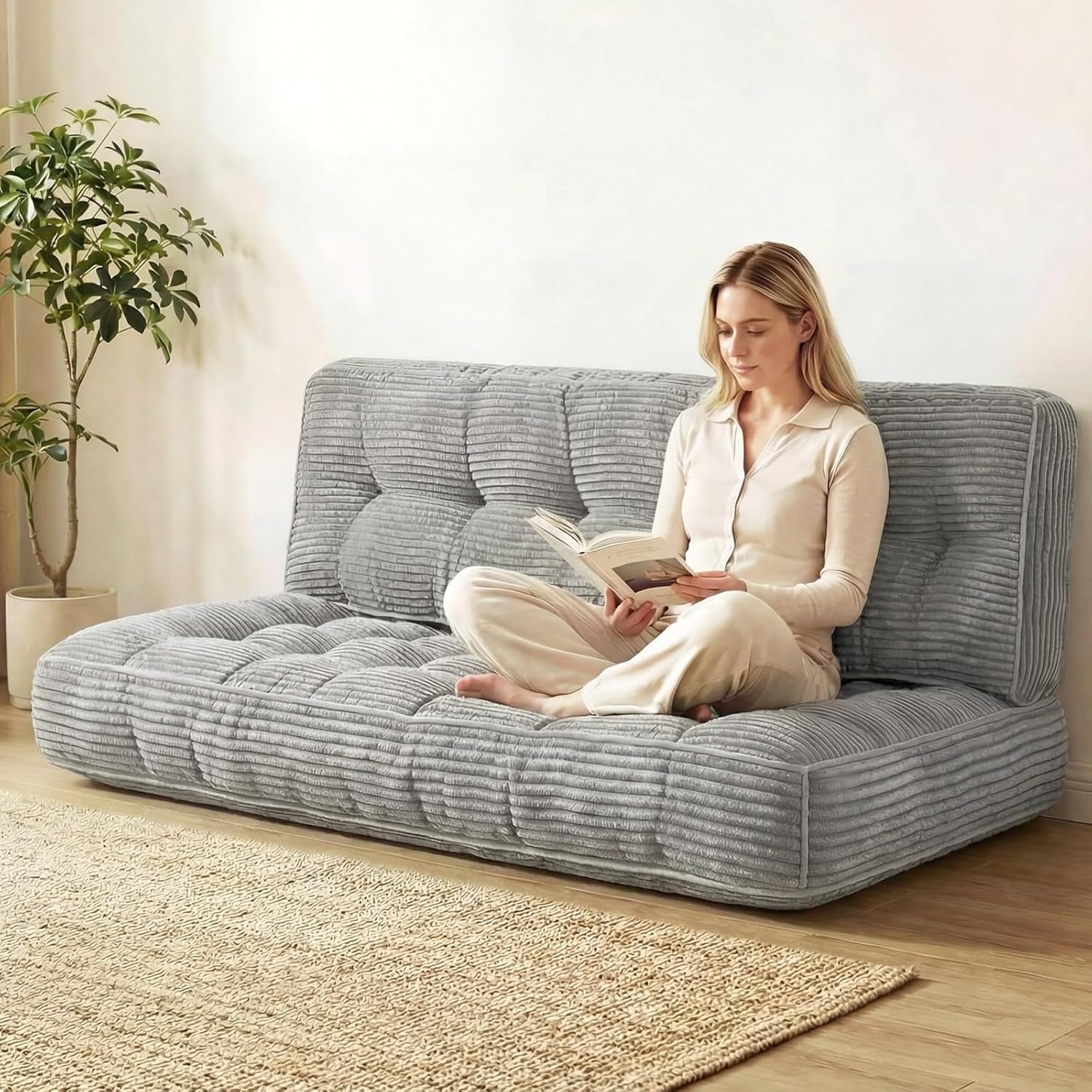 63 Inch Folding Bench Cushion, 4 Inch Thick 2-in-1 Convertible Long Floor Lounger Boneless Cushions Couch Mattress Upholstered for Yoga, Reading, Sleeping, Meditation Living Room(Light Grey)