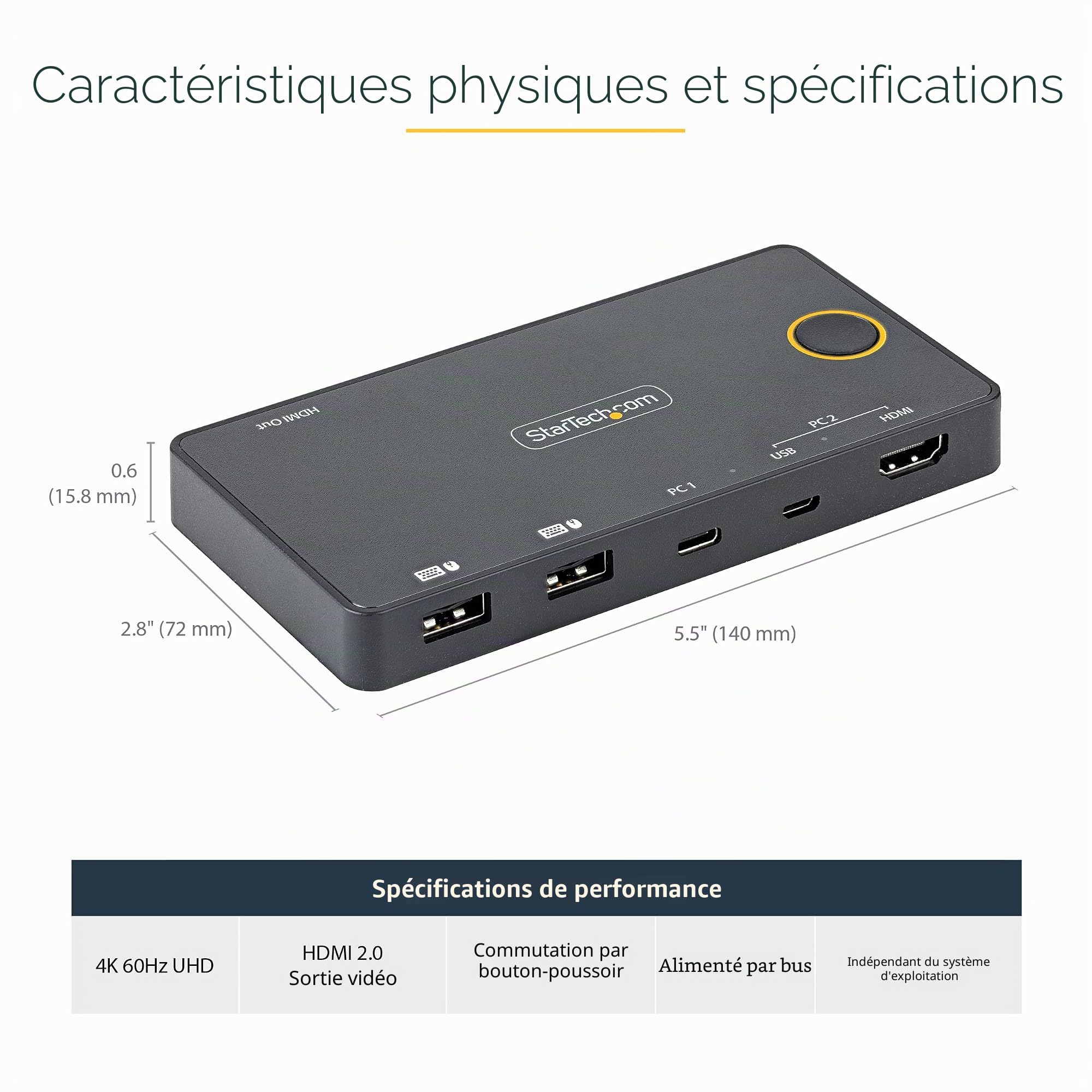 StarTech KVM Hybride USB-C et HDMI 2 Ports, 4K 60Hz, Compact, Alimenté Bus