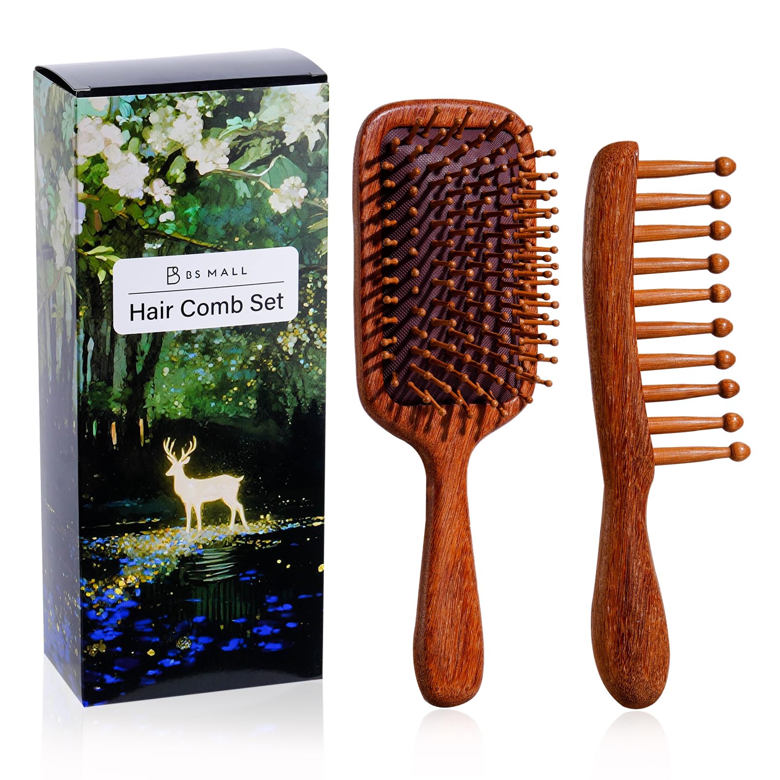 Hair Comb Set BS-MALL 2 Pcs Premium Sandal Wood, Wide Tooth Comb Set for Women and Men - Hair Comb with Massage Airbag to Smooth, Detangle and Stimulate Scalp - Anti-static Combs for Haircare at Home