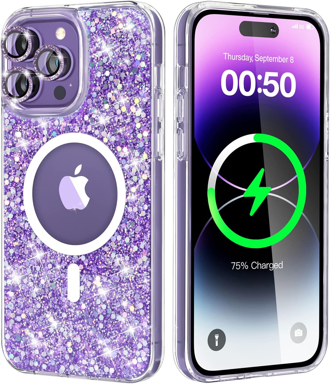 for iPhone 14 Pro Case Twinkle [3 x Diamond Camera Lens Protectors] [Compatible with MagSafe] Anti-Yellowing, 10FT Drop Protection, Cute Bling Magnetic Phone Case for Women Purple