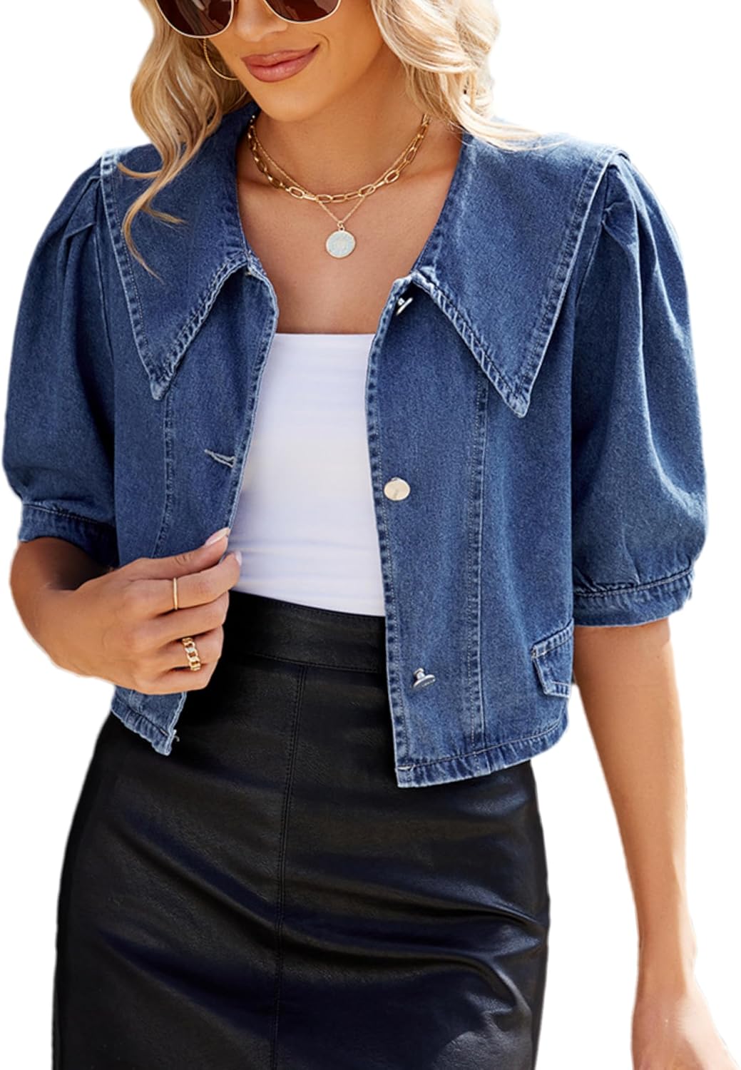 Womens Casual Jacket Cute Short Puff Sleeves Button Down Cropped Jean Denim Jacket Trucker Coat Shirt Top