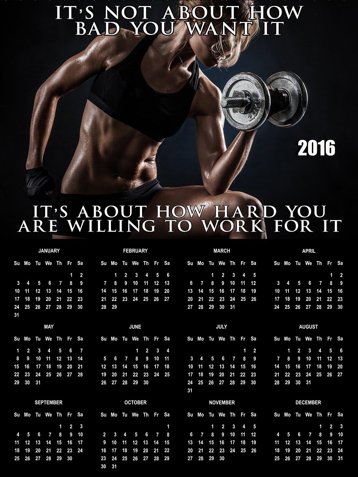 2016 Workout Calendar Poster Fitness Calendar Workout Inspiration 18x24