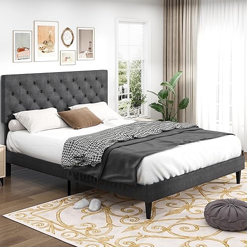 Miniatura 3 de BarnFurin Base de cama Queen, plataforma tapizada con cabecera capitoné con botones, camas de tela tamaño Queen con soporte de listones de madera,