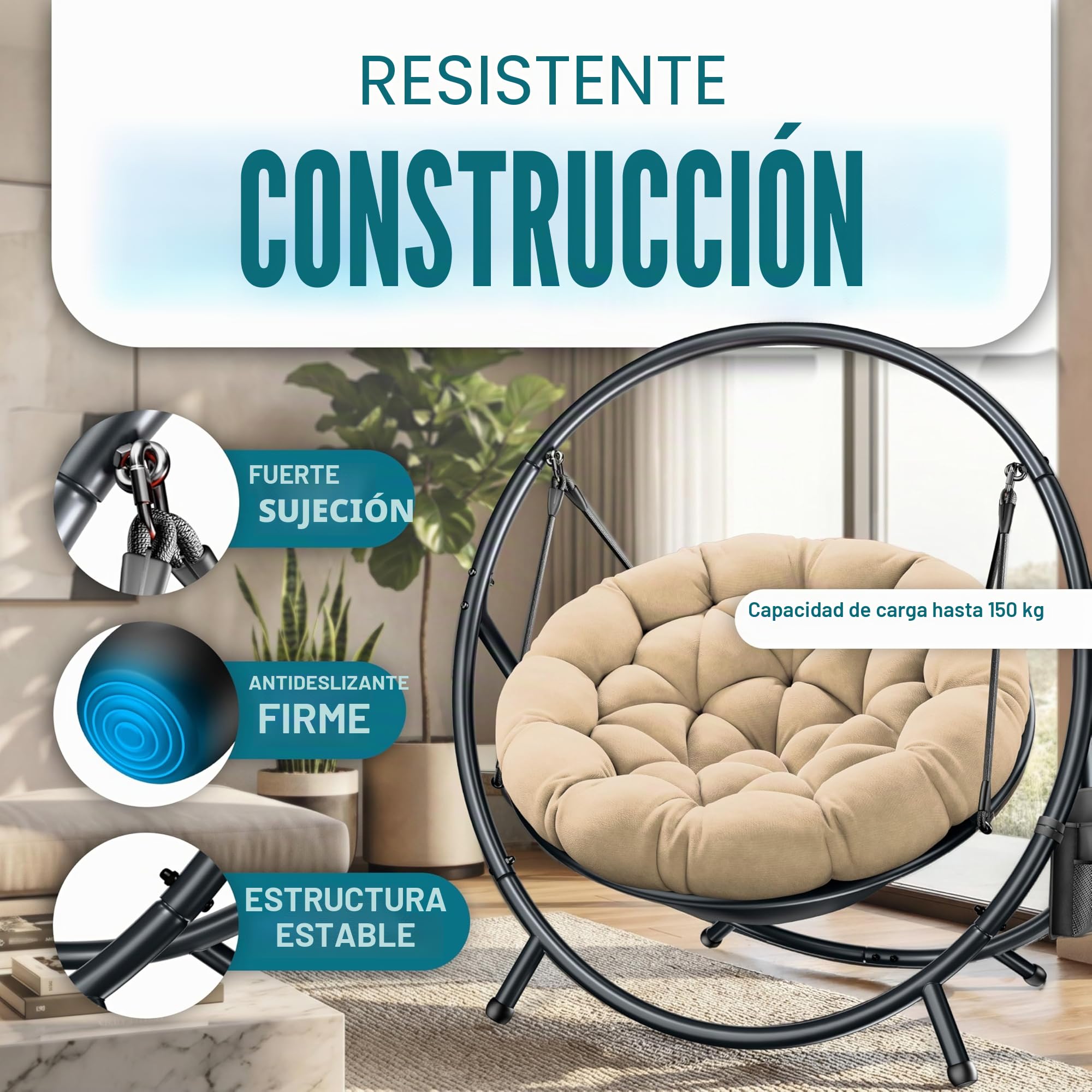 KESSER Silla colgante con estructura Bali, columpio colgante de hasta 150 kg, para interior y exterior, cojín y bolsillo lateral, cesta colgante, estructura de acero y cojín de espuma, ideal para